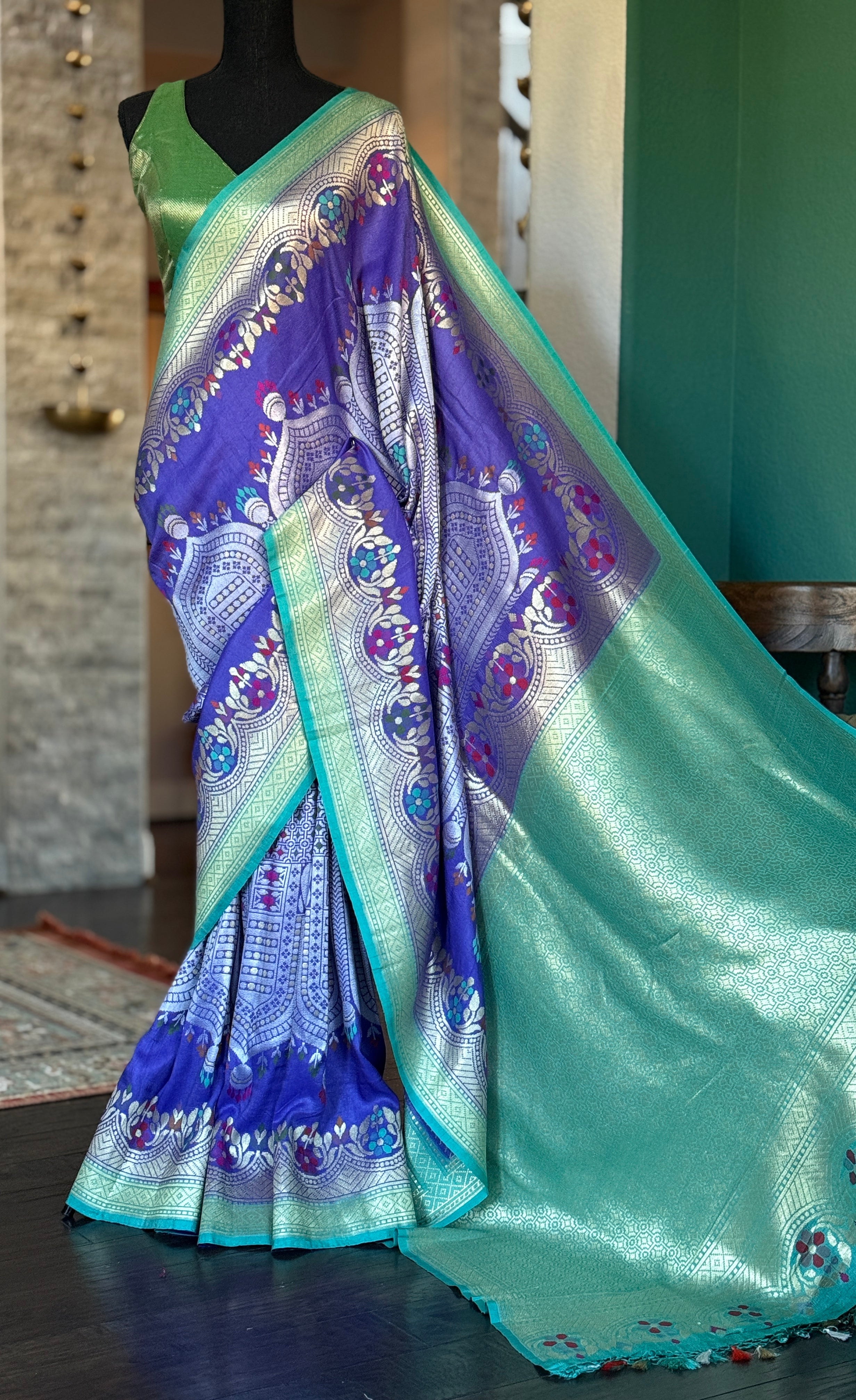 Tussar Georgette Banarasi - Purple Blue Mughal Inspired