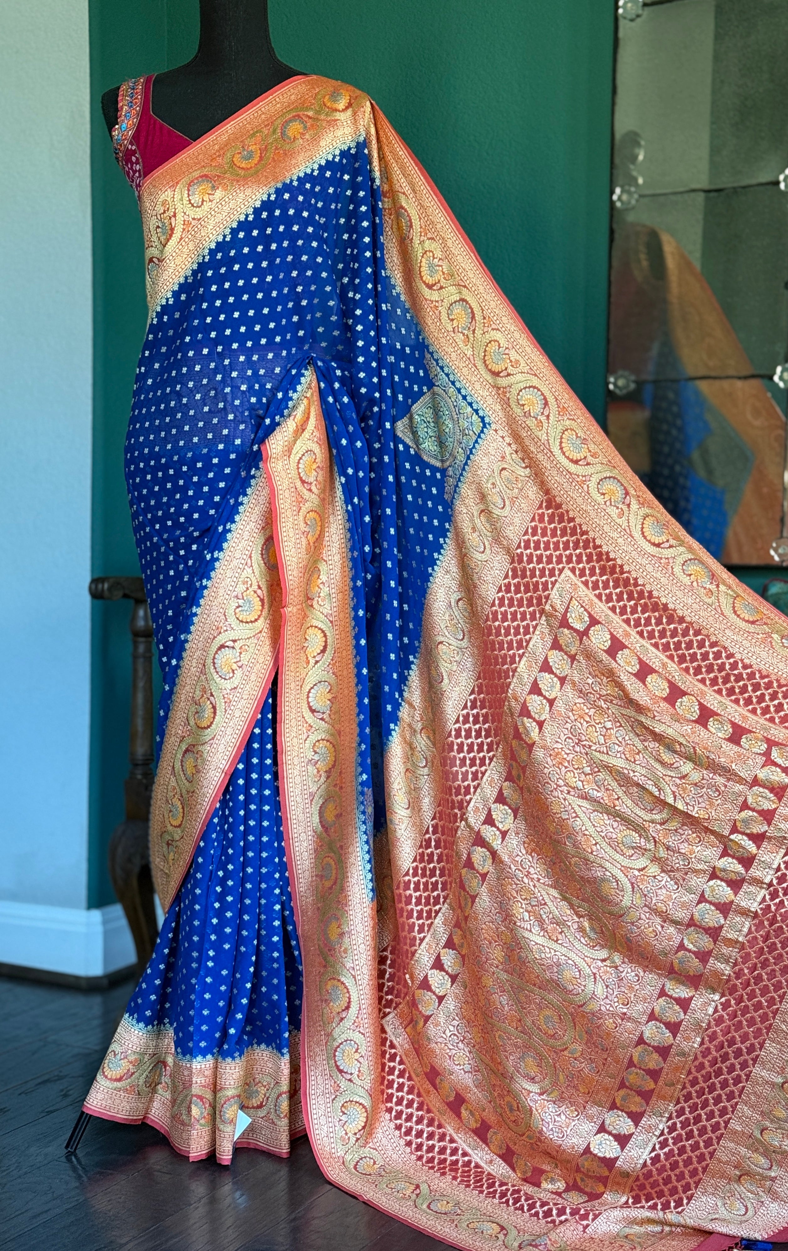Khaddi Georgette Banarasi - Blue Peach Orange Hand Brush Painted