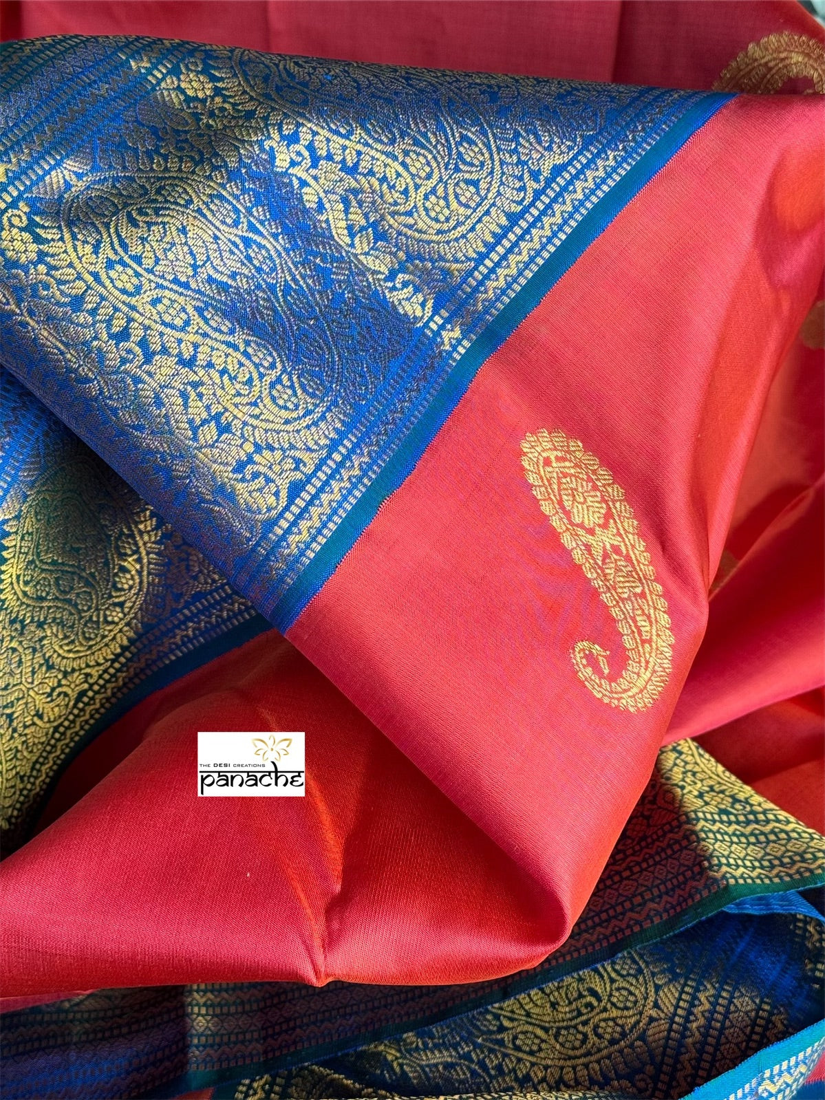 Pure Silk Kanjivaram - Raspberry Red Blue Dual Shaded