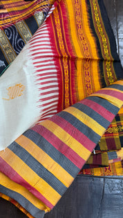 Sambalpuri Handloom Double Ikat *KATHIE-PHERA* Mulberry Silk saree - Off-white Red Yellow Black