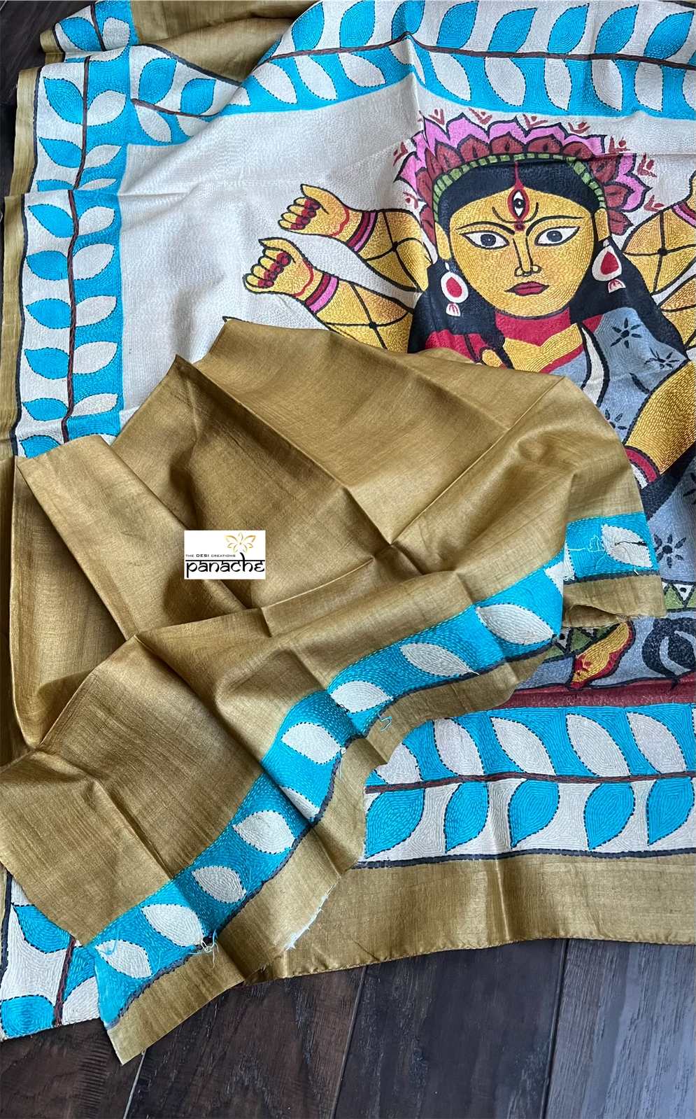 Pure Tussar Silk Sujni Kantha Stitch -  Moss Brown Ma Durga