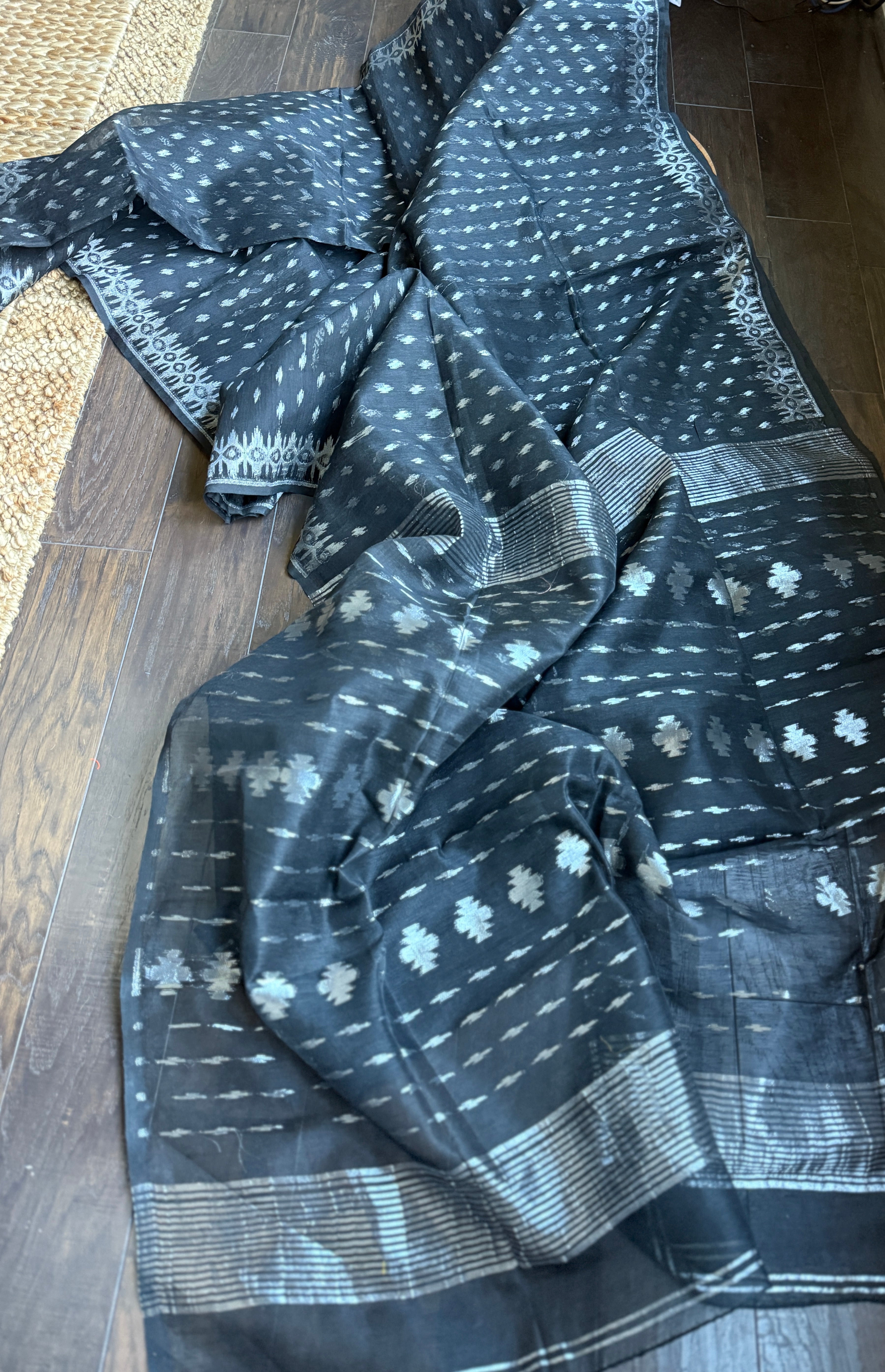 Soft Dhakai Jamdani  - Black Silver Zari