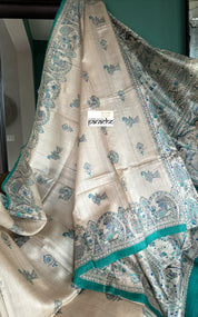 Pure Tussar Silk - Beige Blue Madhubani