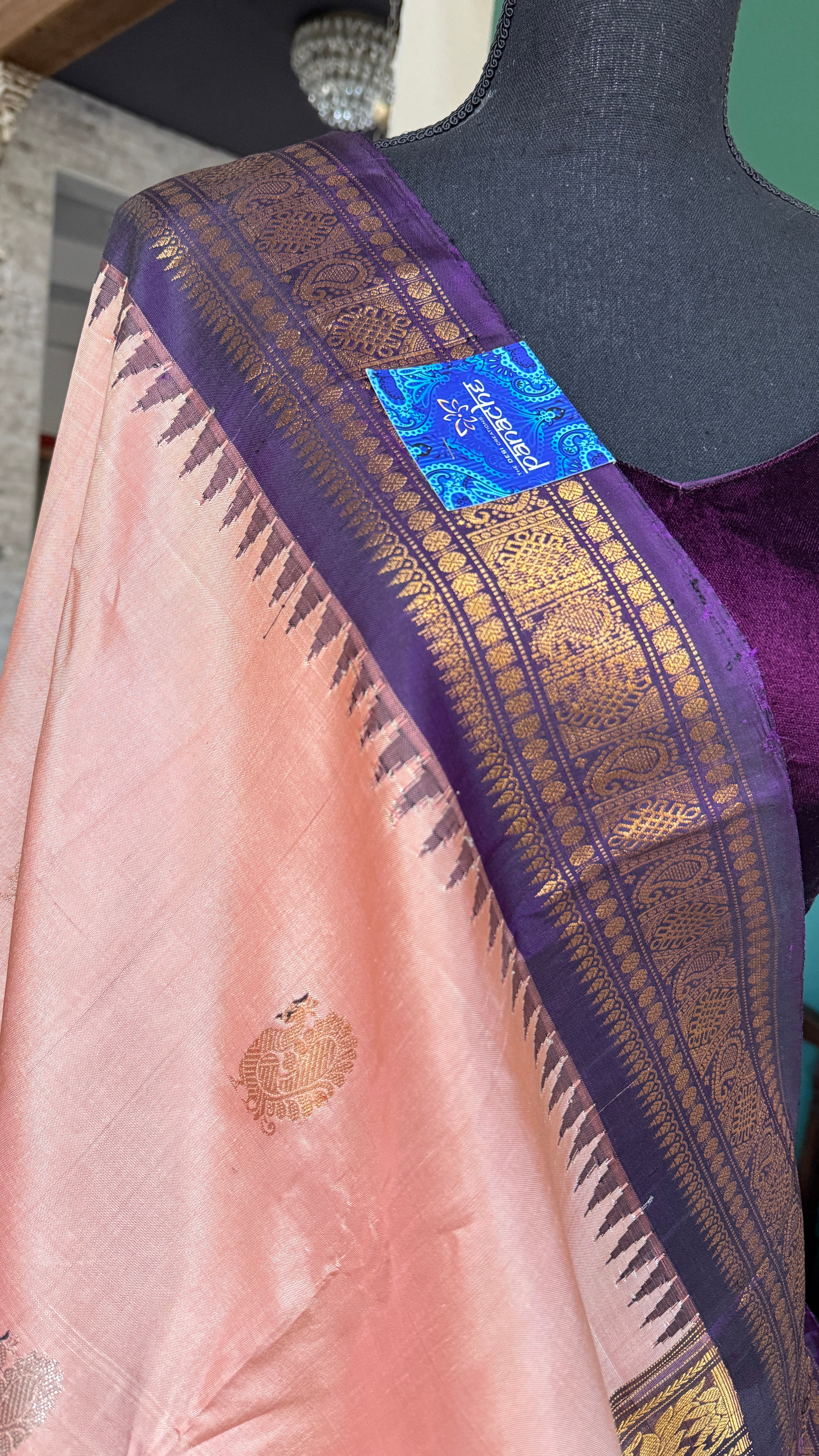 Pure Silk Gadwal - Peach Burgundy