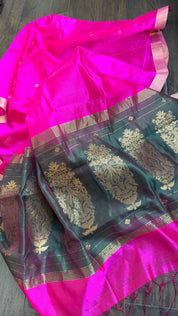 Pure Silk Chanderi Dupatta - Pink Green Handwoven