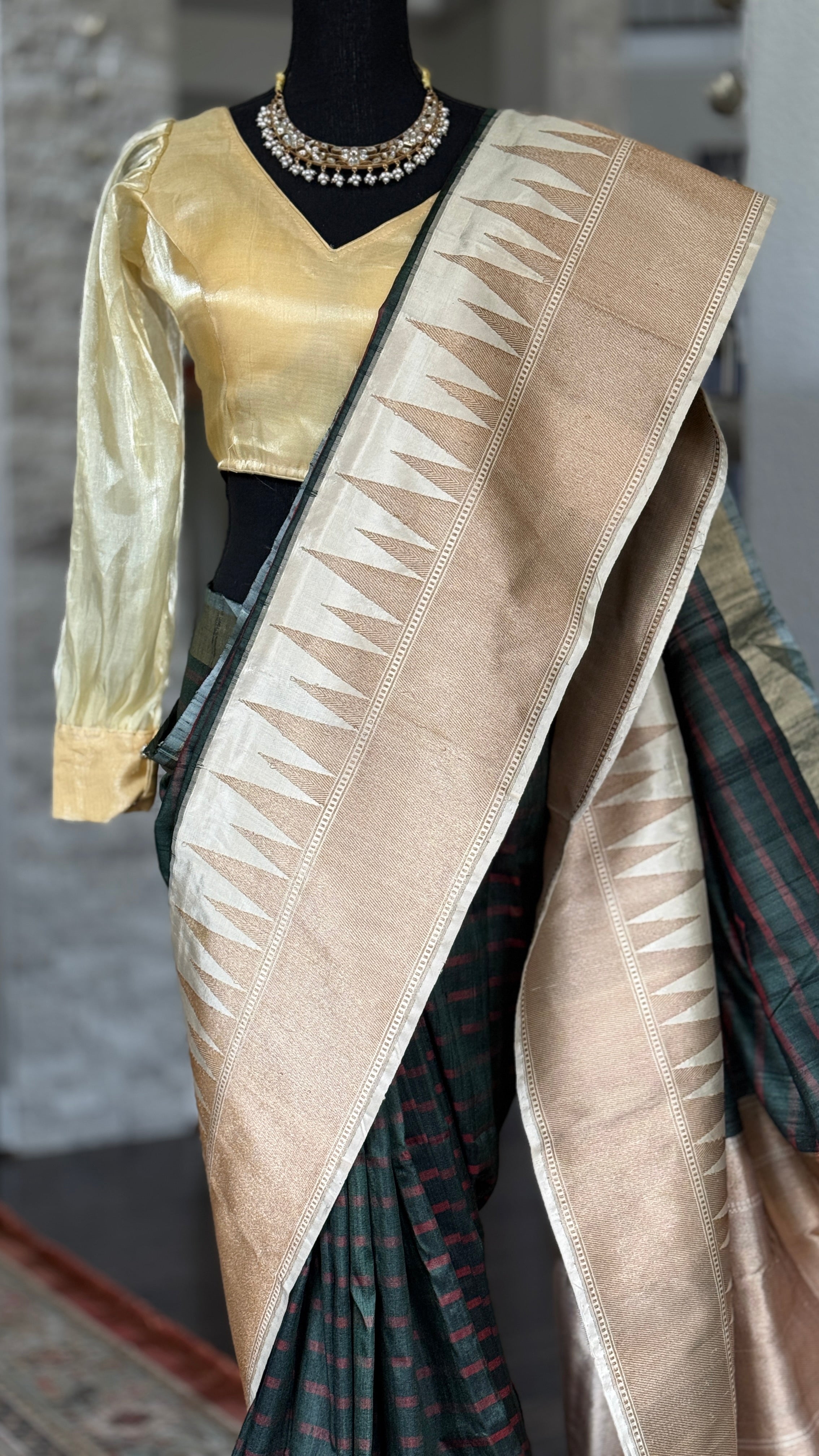 Pure Tassur Silk Banarasi - Dark Black Avocado Green Striped