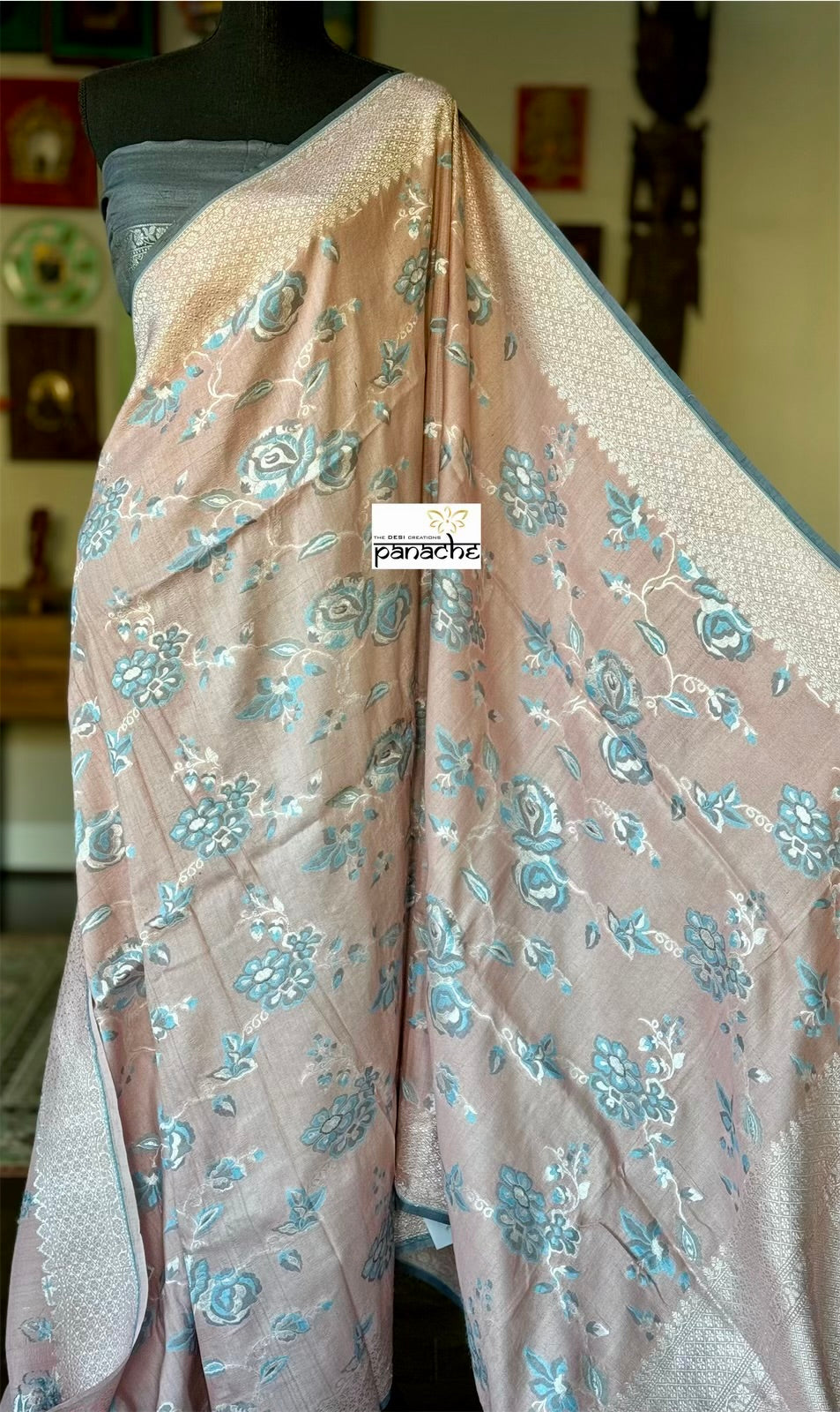 Khaddi Tussar Banarasi -  Peach Pink Grey Tilfi Antique Zari