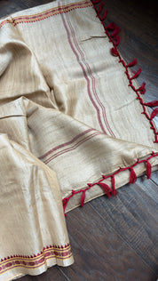 Pure Tussar Silk - Tan Beige Rudraksha Border