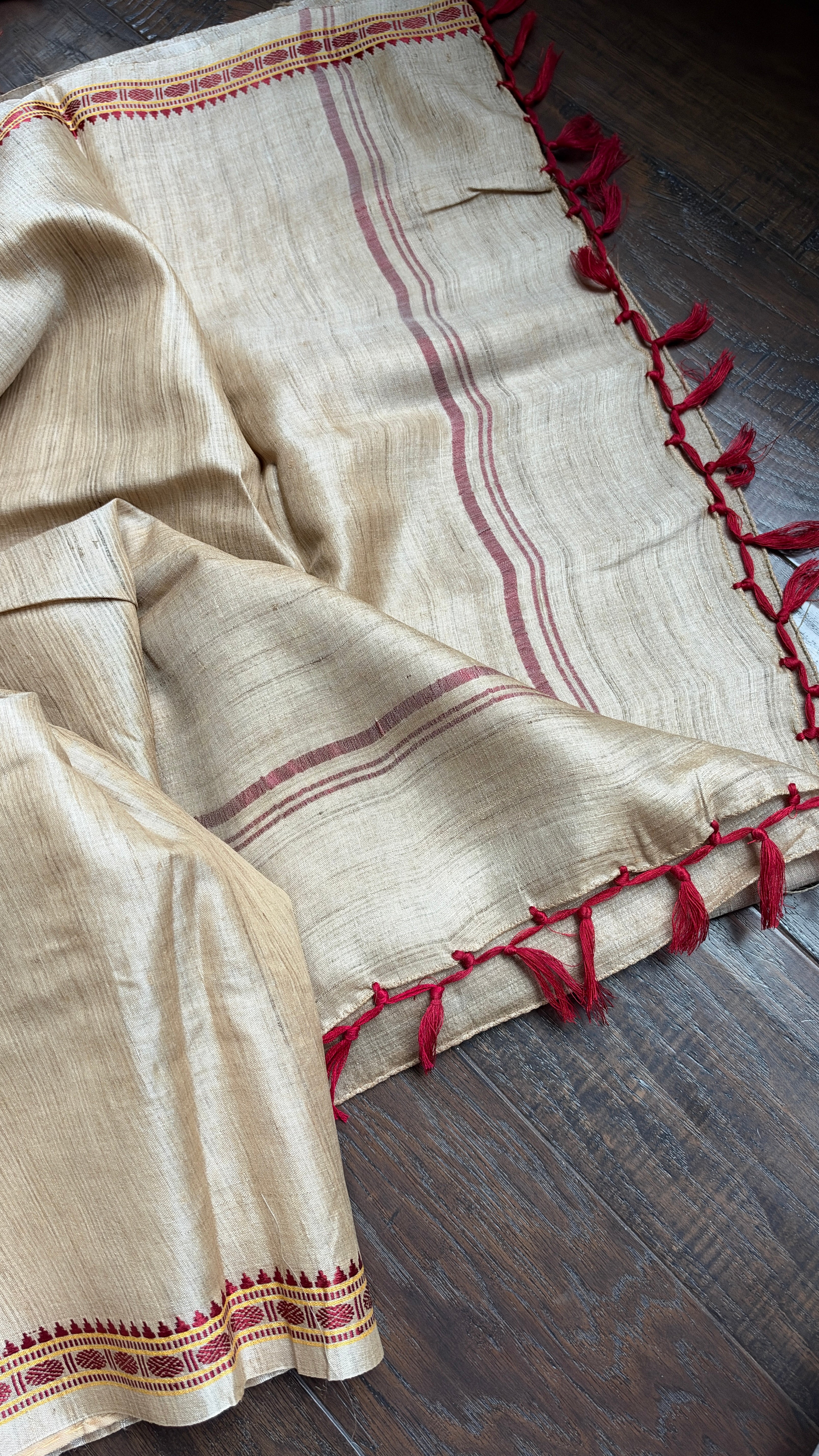 Pure Tussar Silk - Tan Beige Rudraksha Border