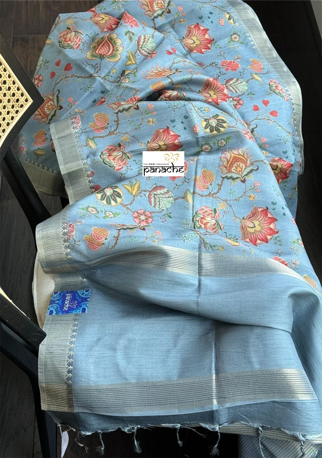 Designer Tussar Floral - Light Blue