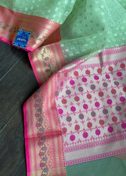 Kora Silk Banaras Chanderi - Pista  Green Paithani