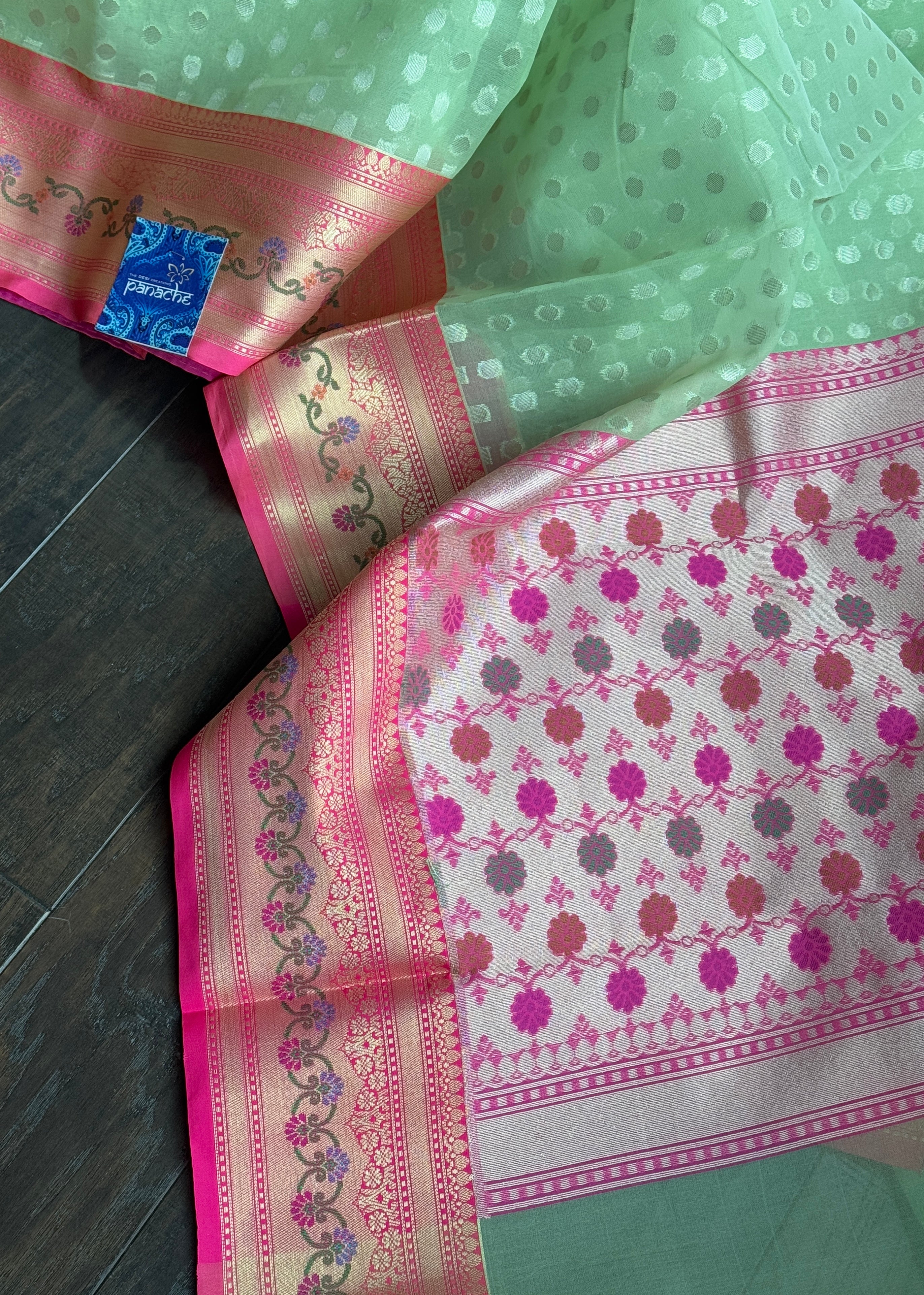 Kora Silk Banaras Chanderi - Pista  Green Paithani