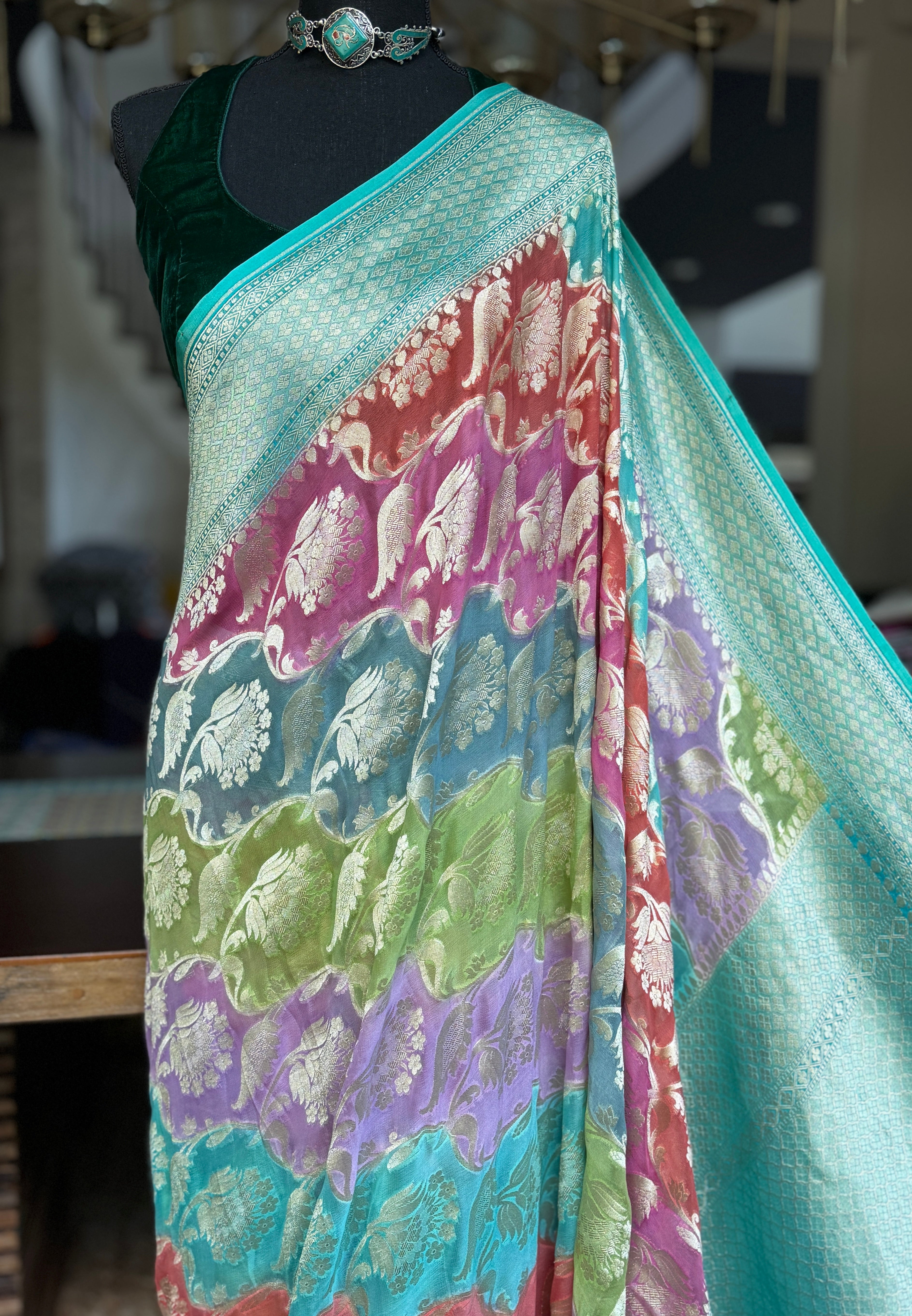 Khaddi Georgette Banarasi - Sea Green Multi color Rangkat