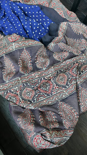 Modal Silk Bandhej Ajrakh - Blue Brown