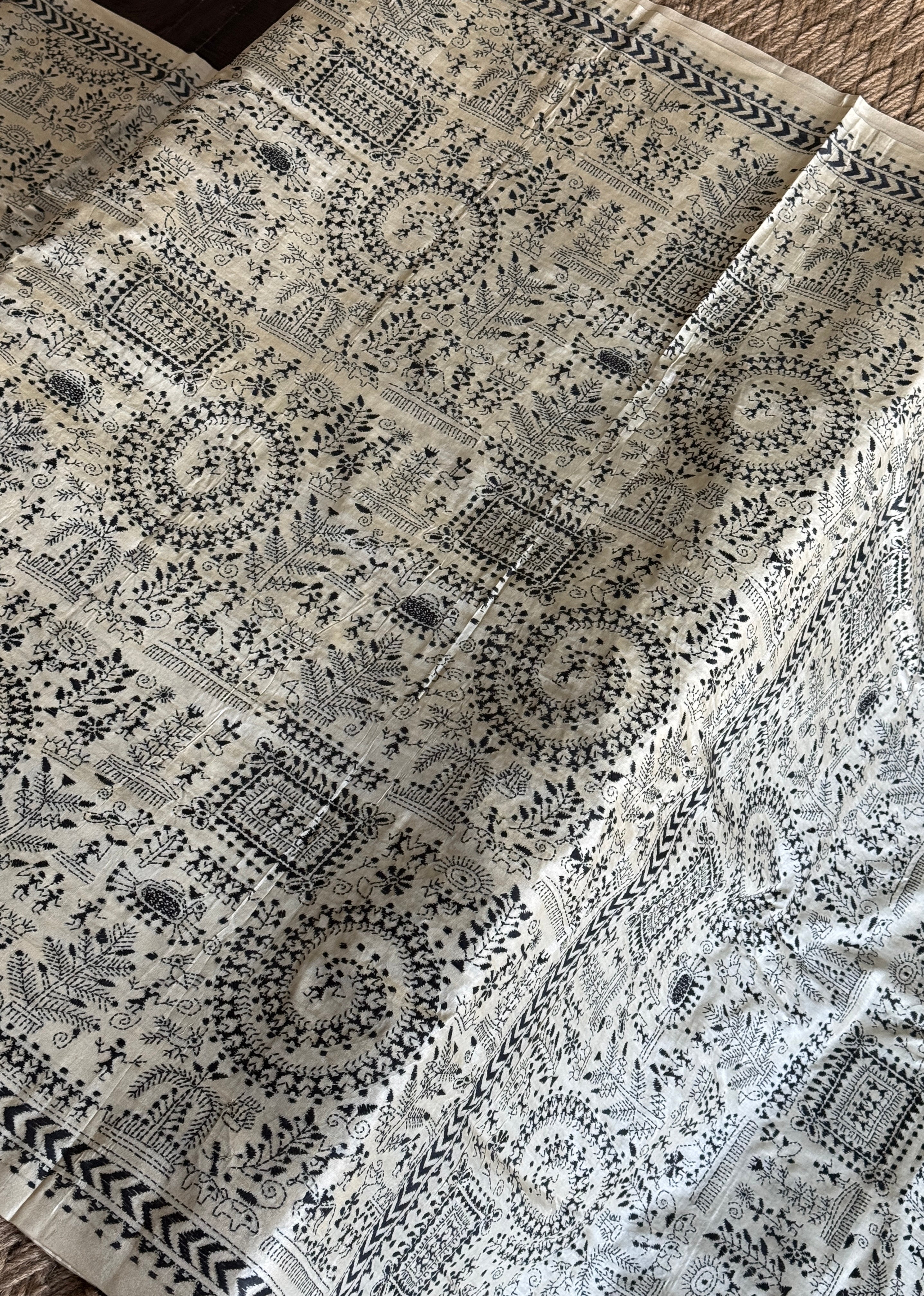 Pure Tussar Silk Kantha Stitch -  Beige Worli Art