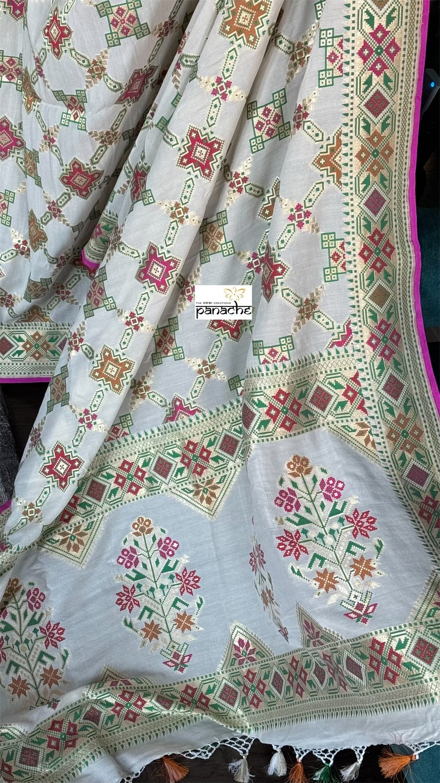 Khaddi Muga Silk Tilfi Banarasi - Beige Pink Patola Woven