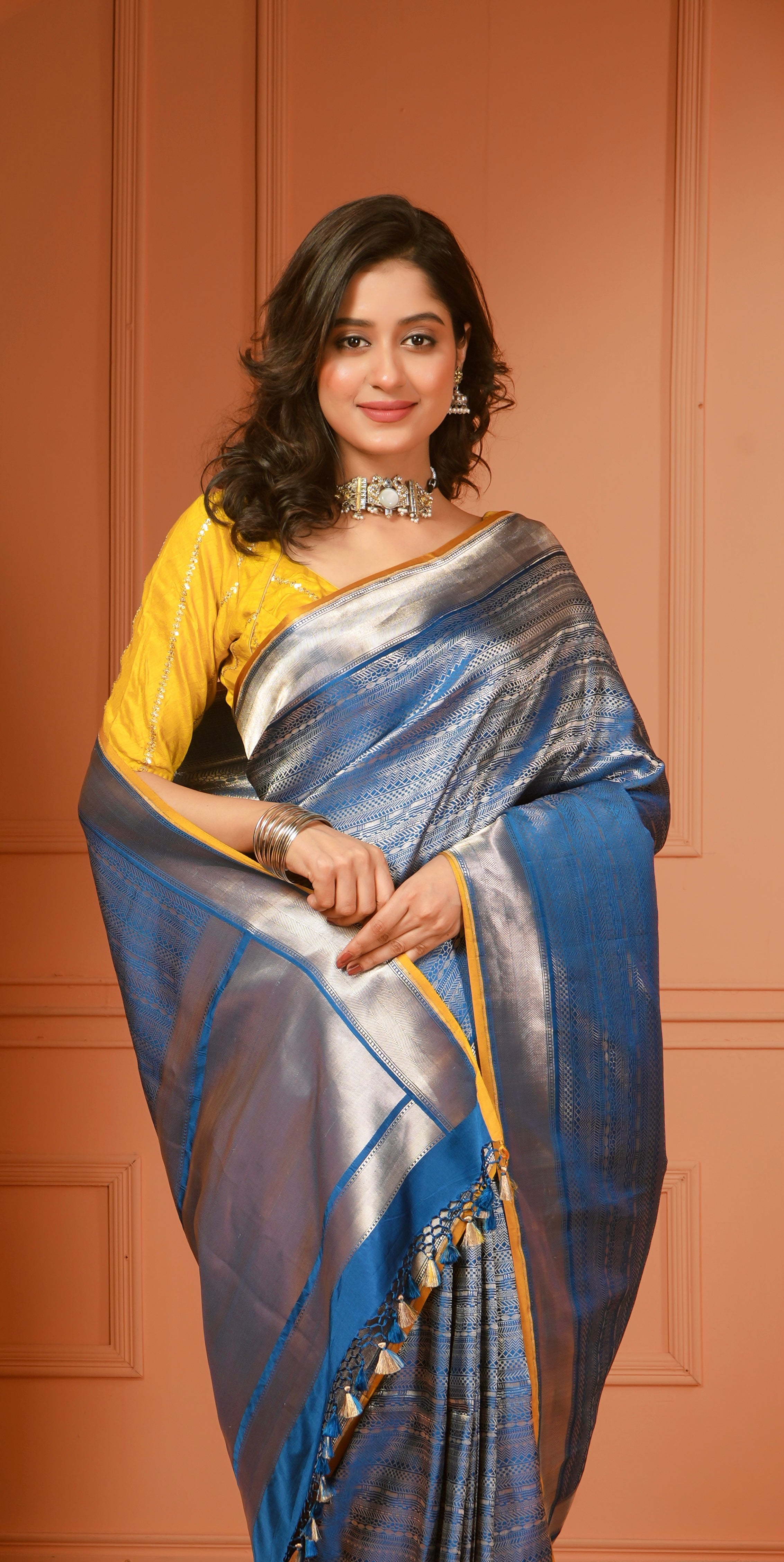 Pure Silk Brocade Banarasi- Blue Yellow