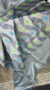 Pure Tussar Silk Jamdaani - Grey Multi Color