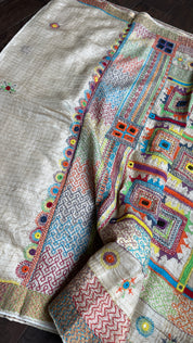 Pure Tussar Silk Lambani - Beige Zari Checks Hand Embroidered