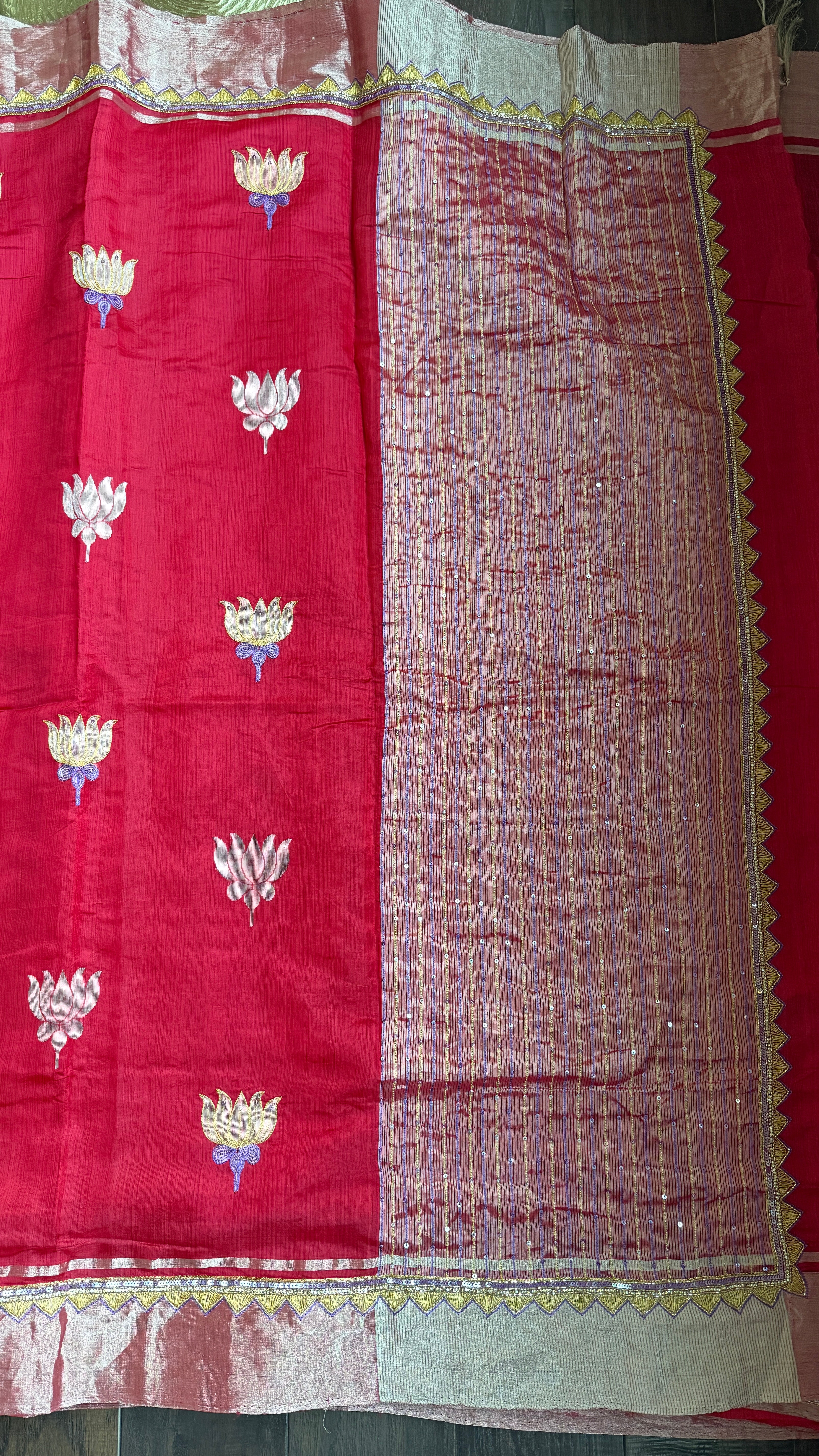 Hand Zardozi Pure Chanderi Pattu Silk - Red Eknaliya Woven