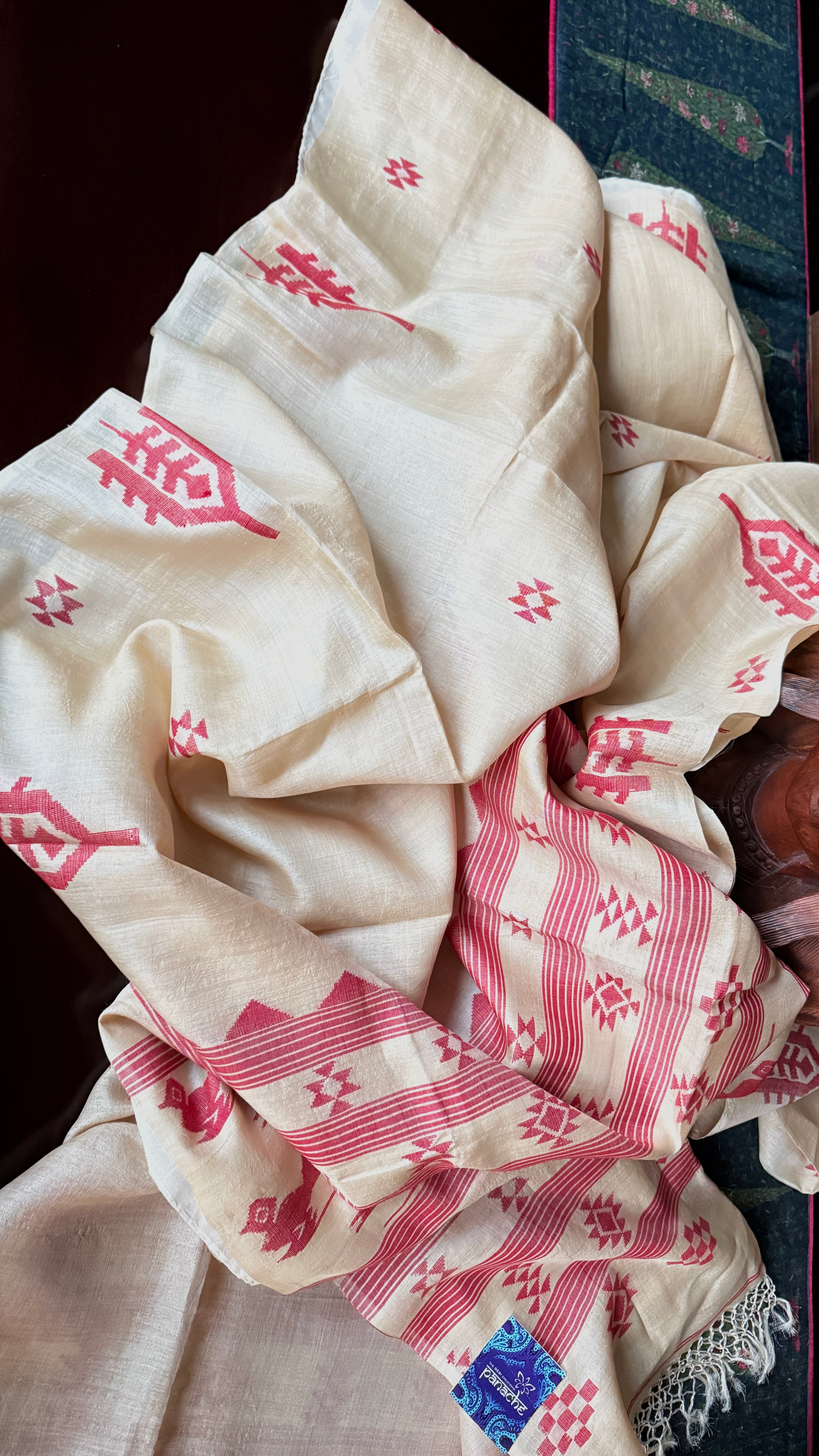 Pure Tussar Silk Jamdaani - Beige Red