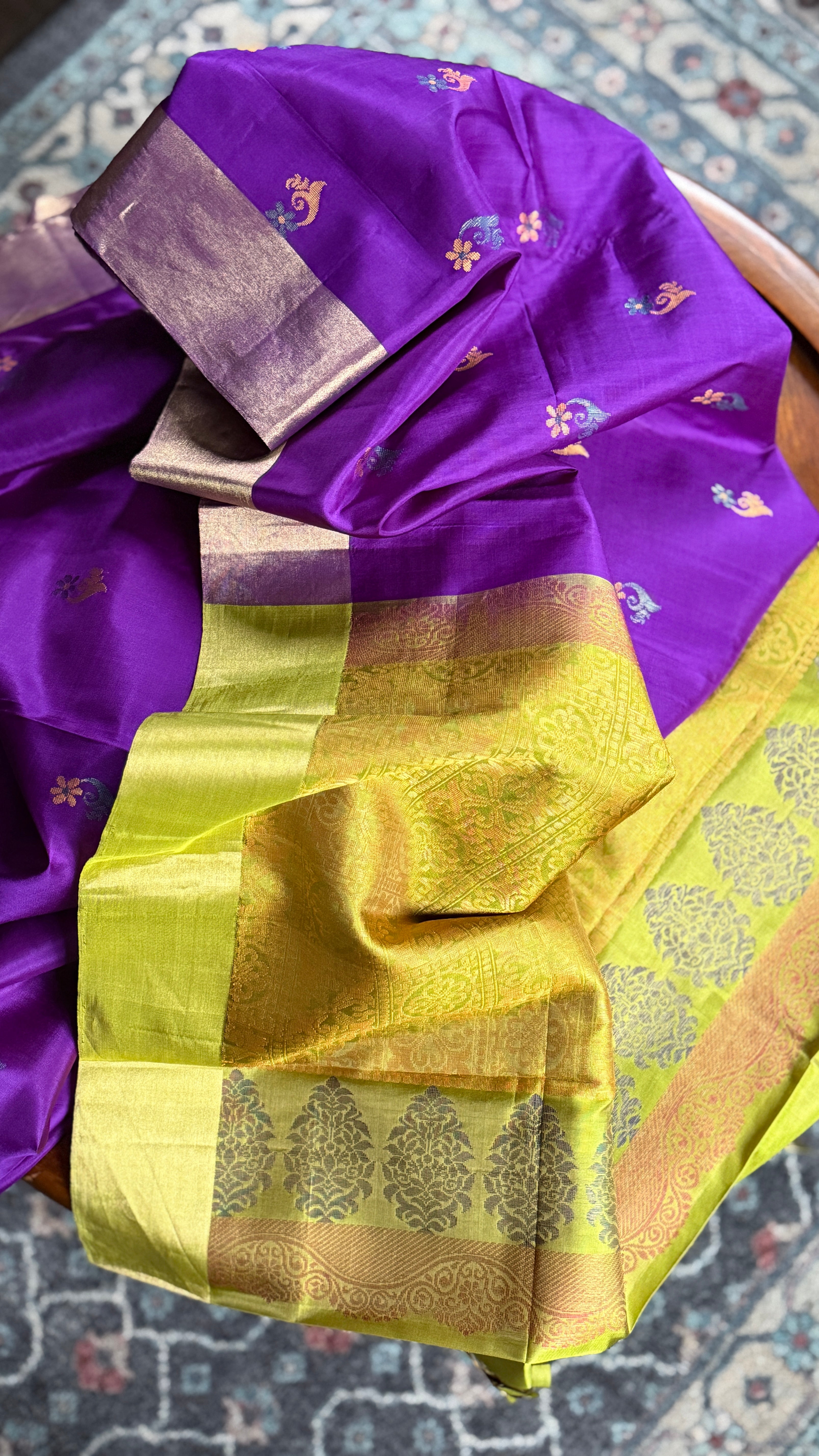 Pure Silk Kanjivaram - Purple Lime Green Yellow