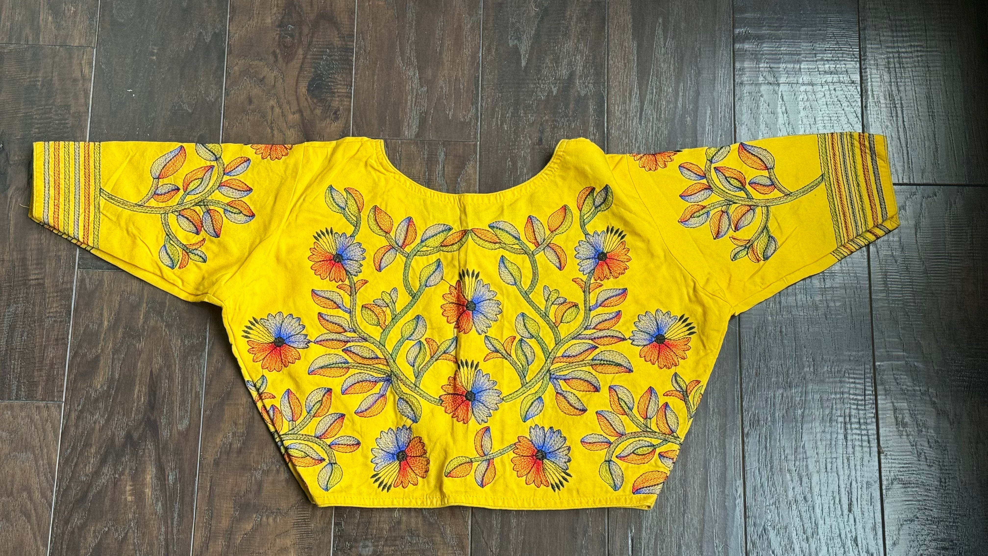 Designer Blouse - Yellow Kantha Stitch