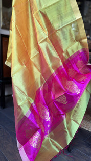 Pure Silk Chanderi Dupatta - Yellow Pink Handwoven