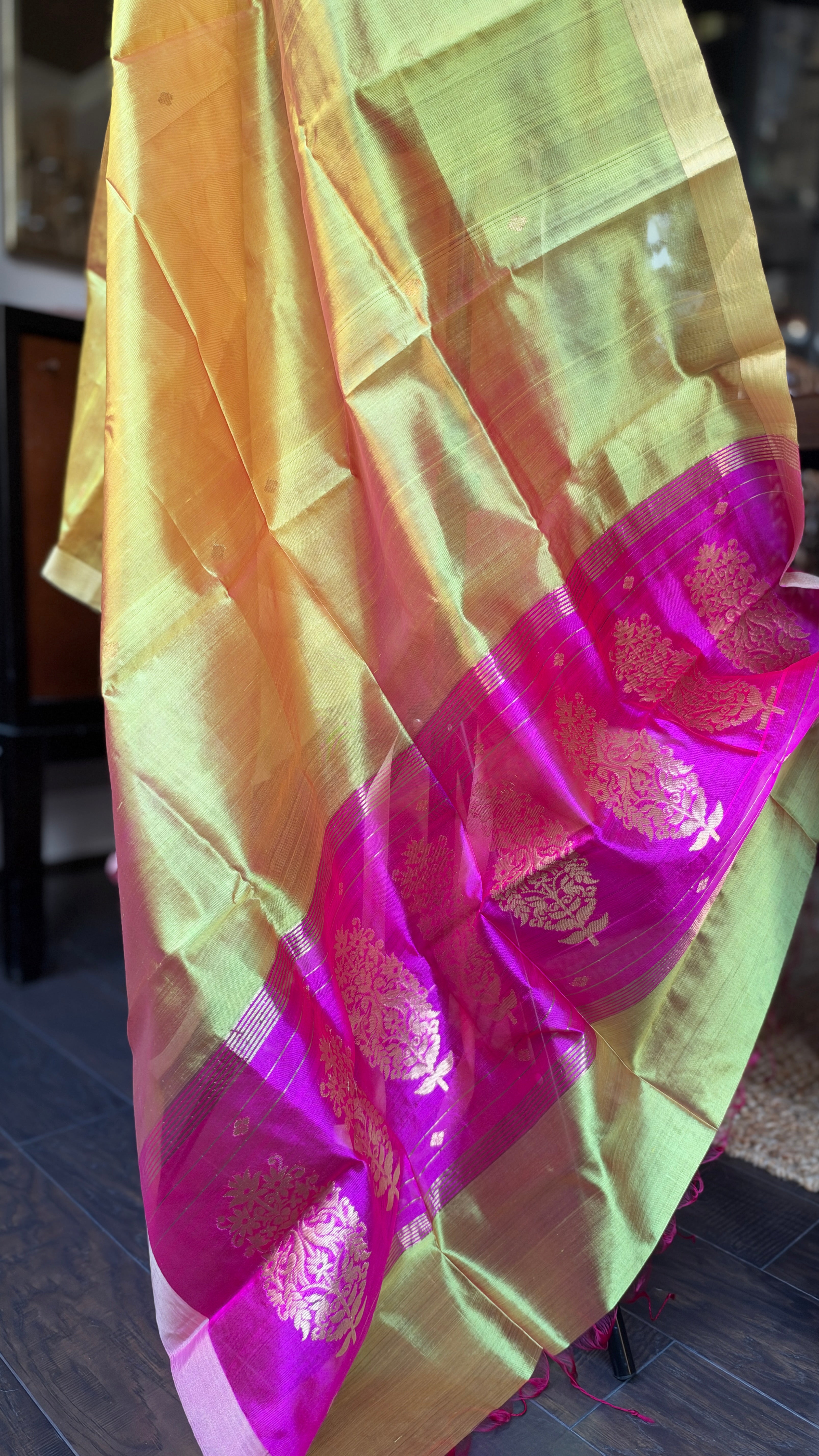 Pure Silk Chanderi Dupatta - Yellow Pink Handwoven