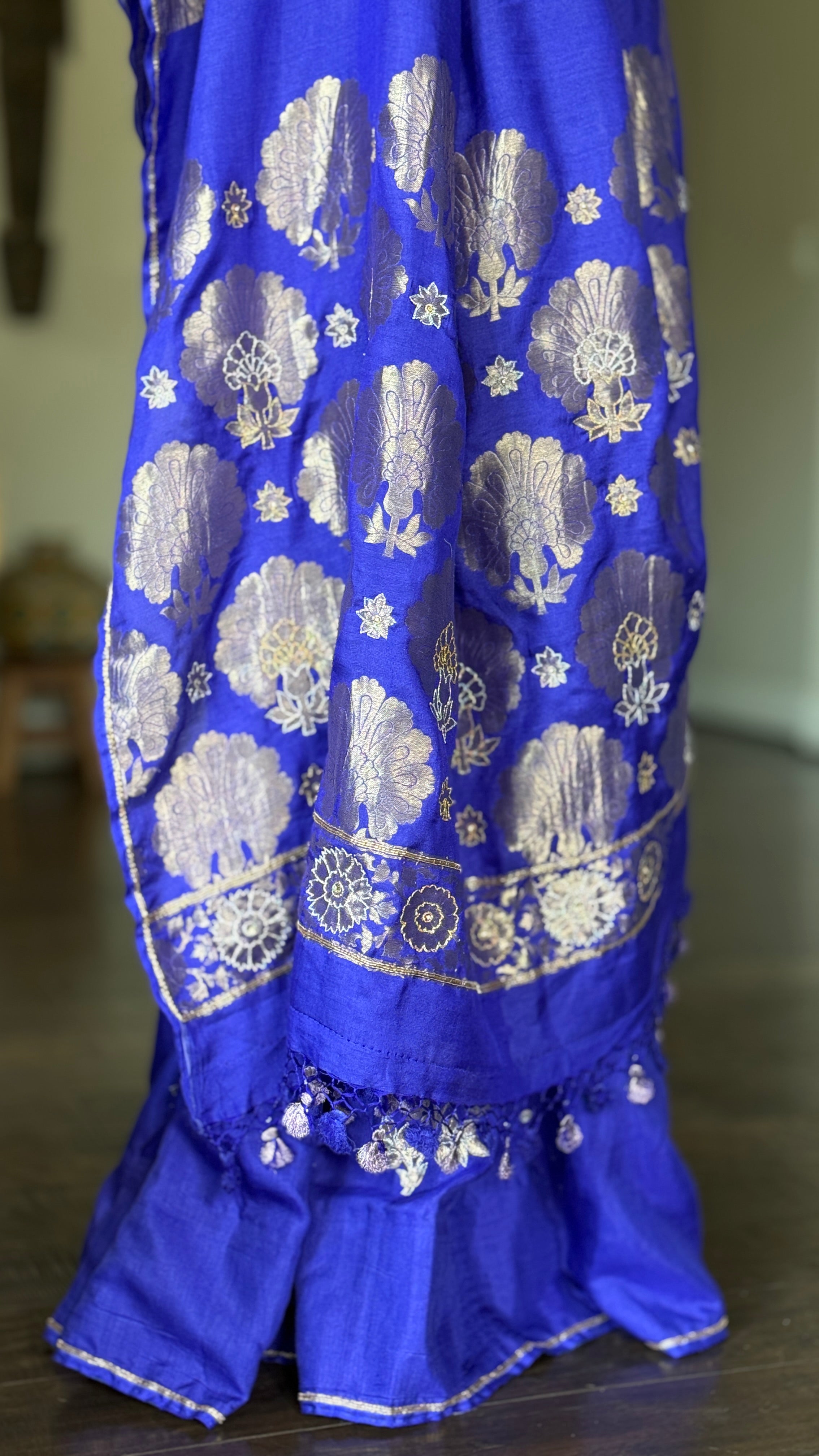 Designer Muga Chiffon Banarasi - Purple Blue Hand Zardozi Embroiderd