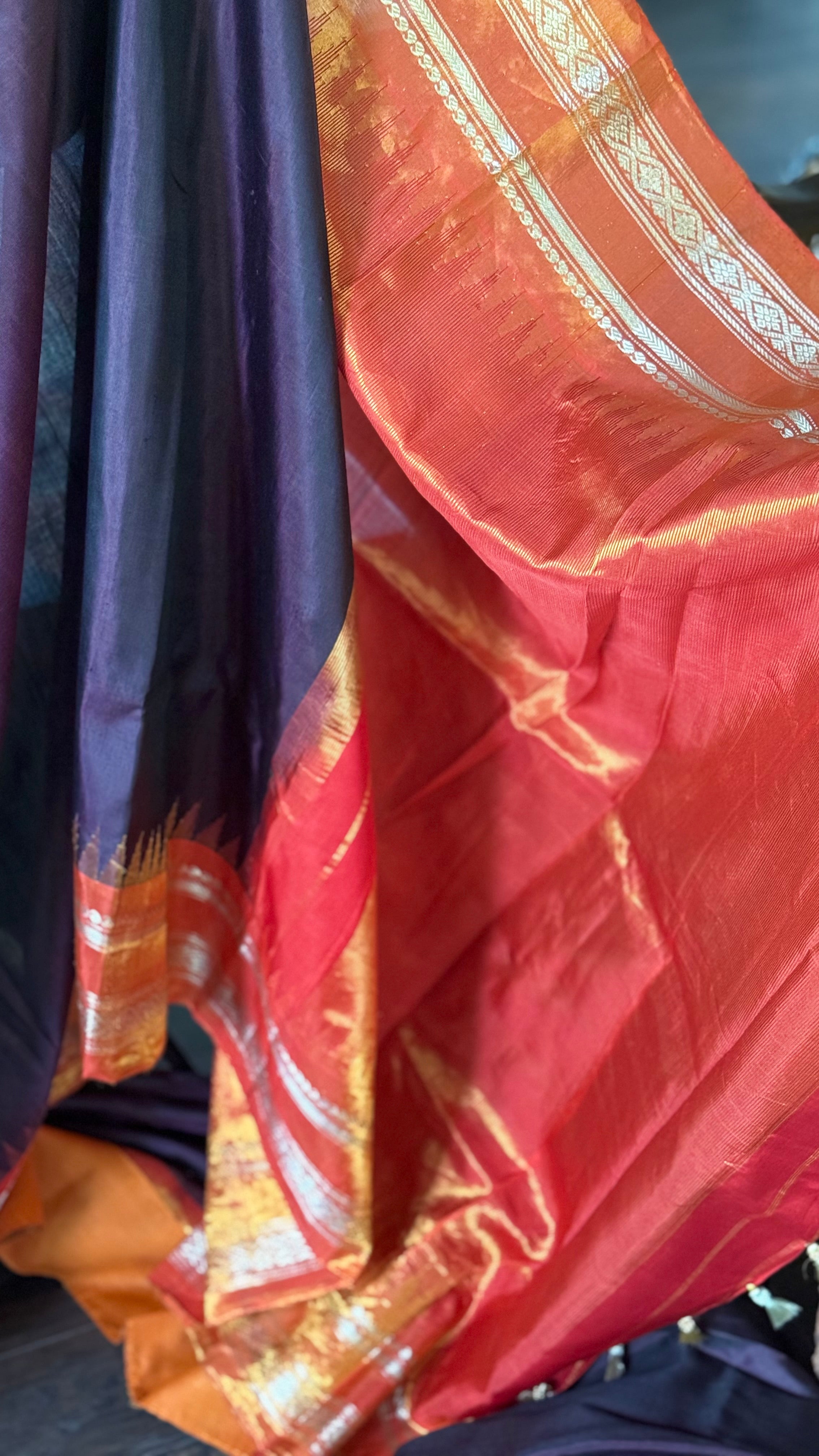 Pure Silk Kuttu Gadwal - Dark Chocolate Brown Orange