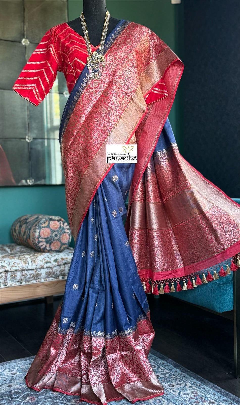Pure Tassur by Katan Silk Banarasi - Navy Blue Red