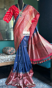 Pure Tassur by Katan Silk Banarasi - Navy Blue Red
