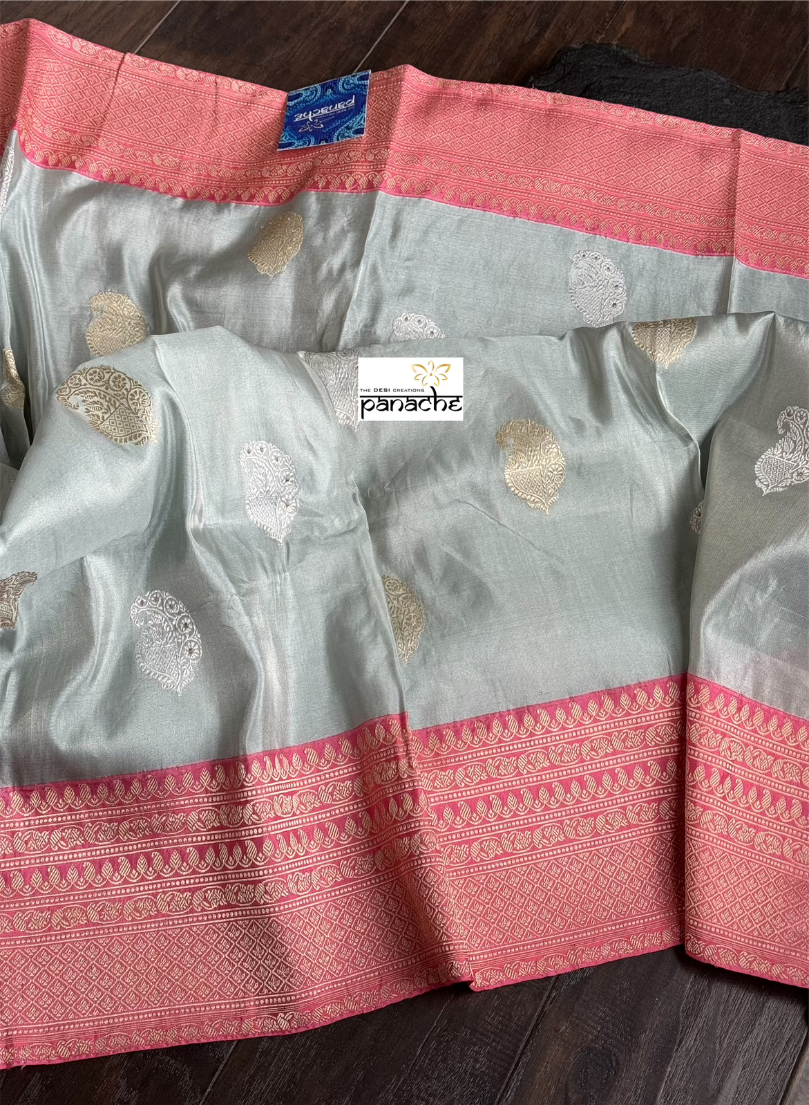 Pure Tissue Katan Silk Banarasi - Silver Grey Pink Woven