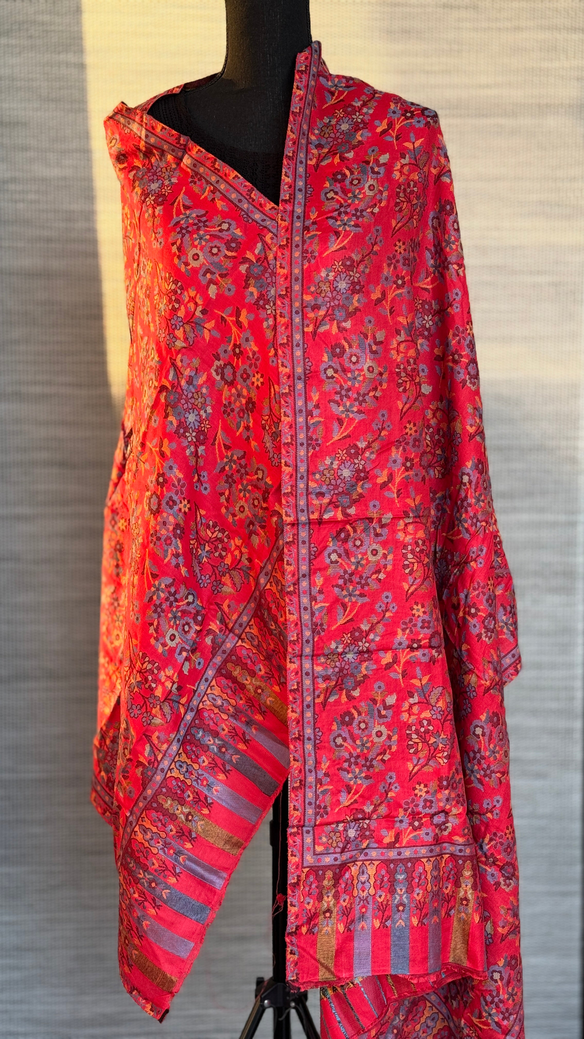 Kashmiri Semi Pashmina Stole - Red Multi 2 Resham Woven