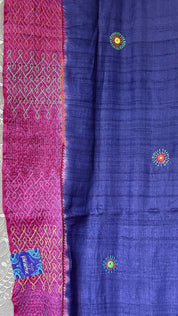 Pure Tussar Silk Lambani - Blue Pink Hand Embroidered