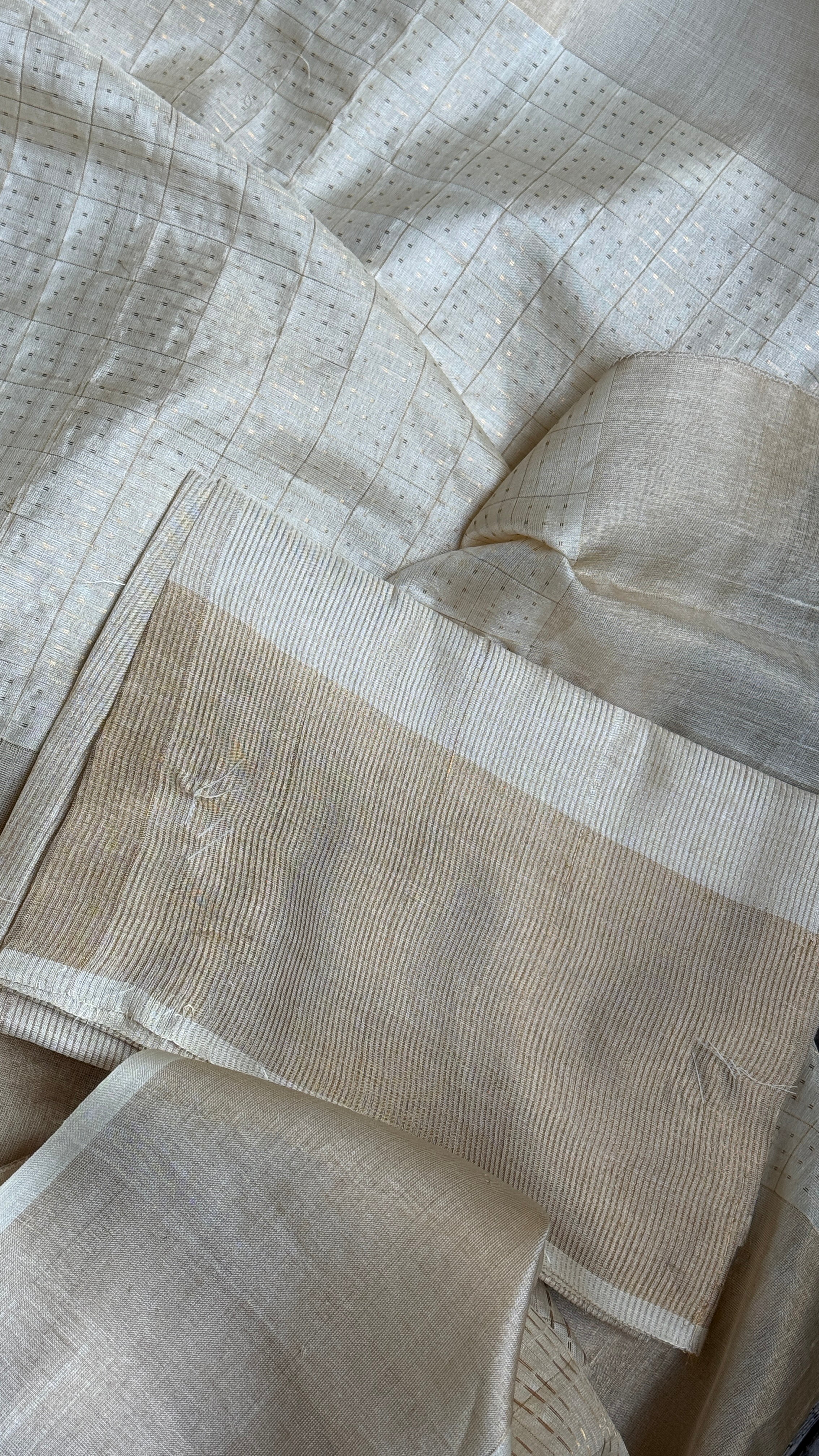 Pure Tussar Silk - Cream Beige Golden Zari Woven4