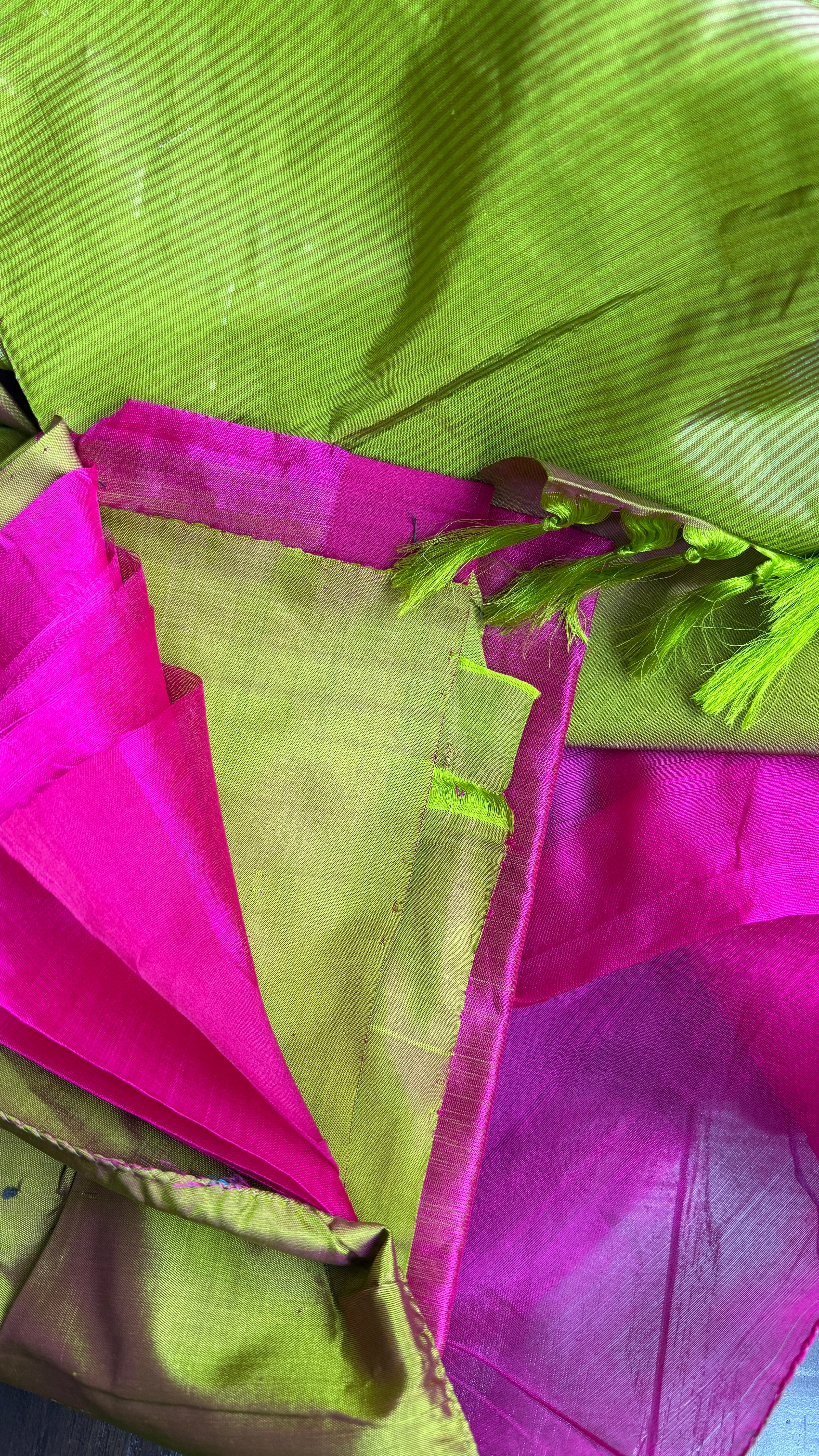Pure Chanderi Pattu Silk mushru - Pink Lime Green