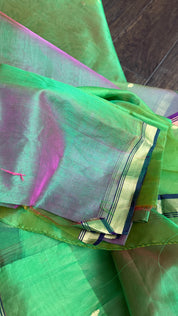 Pure Chanderi Organza Silk - Green Purple Shaded