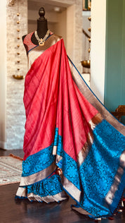 Tussar Silk Banarasi - Red Blue Kadwa