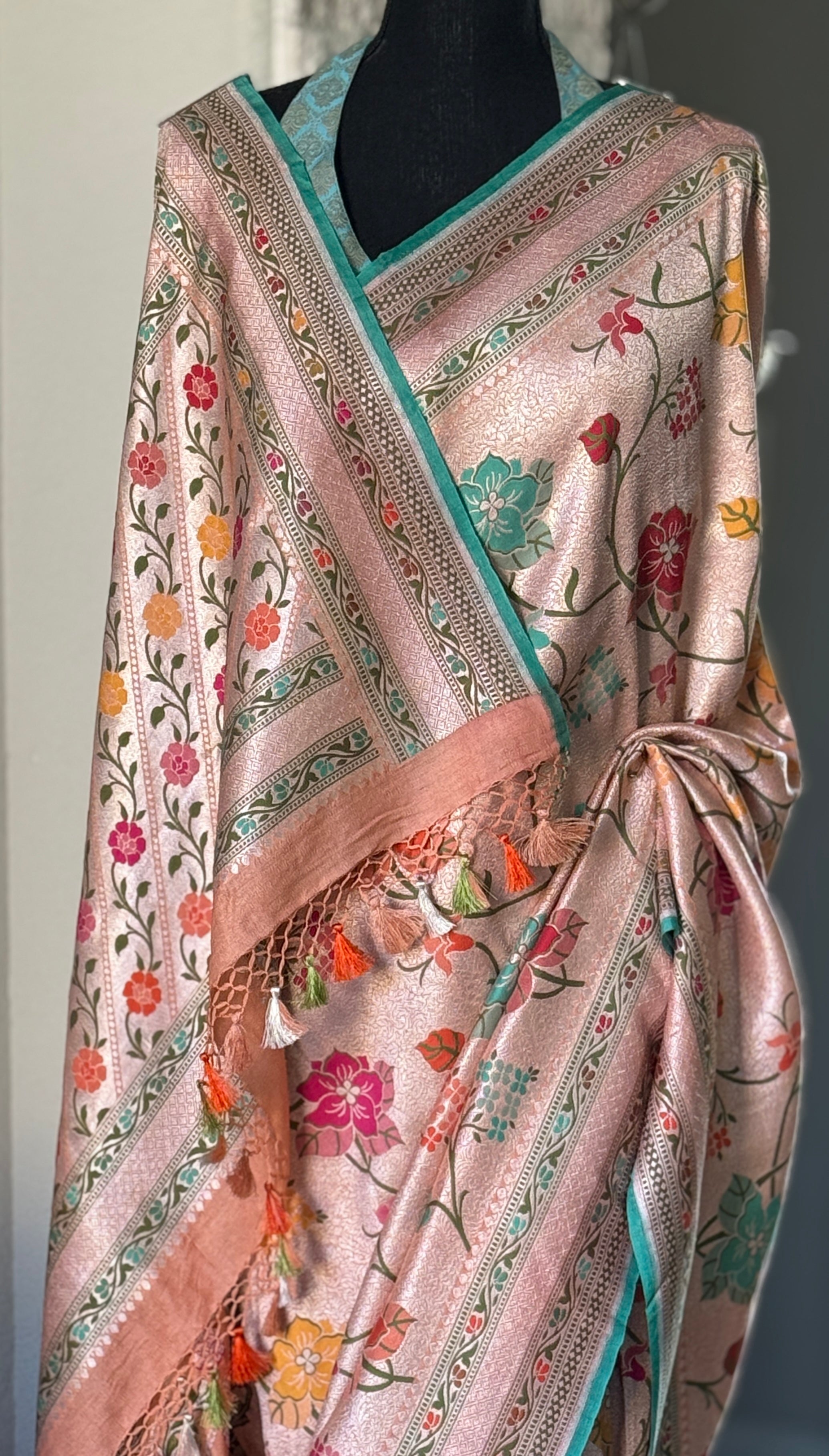 Khaddi Tussar Banarasi -  Peach Sea Green Meenakari