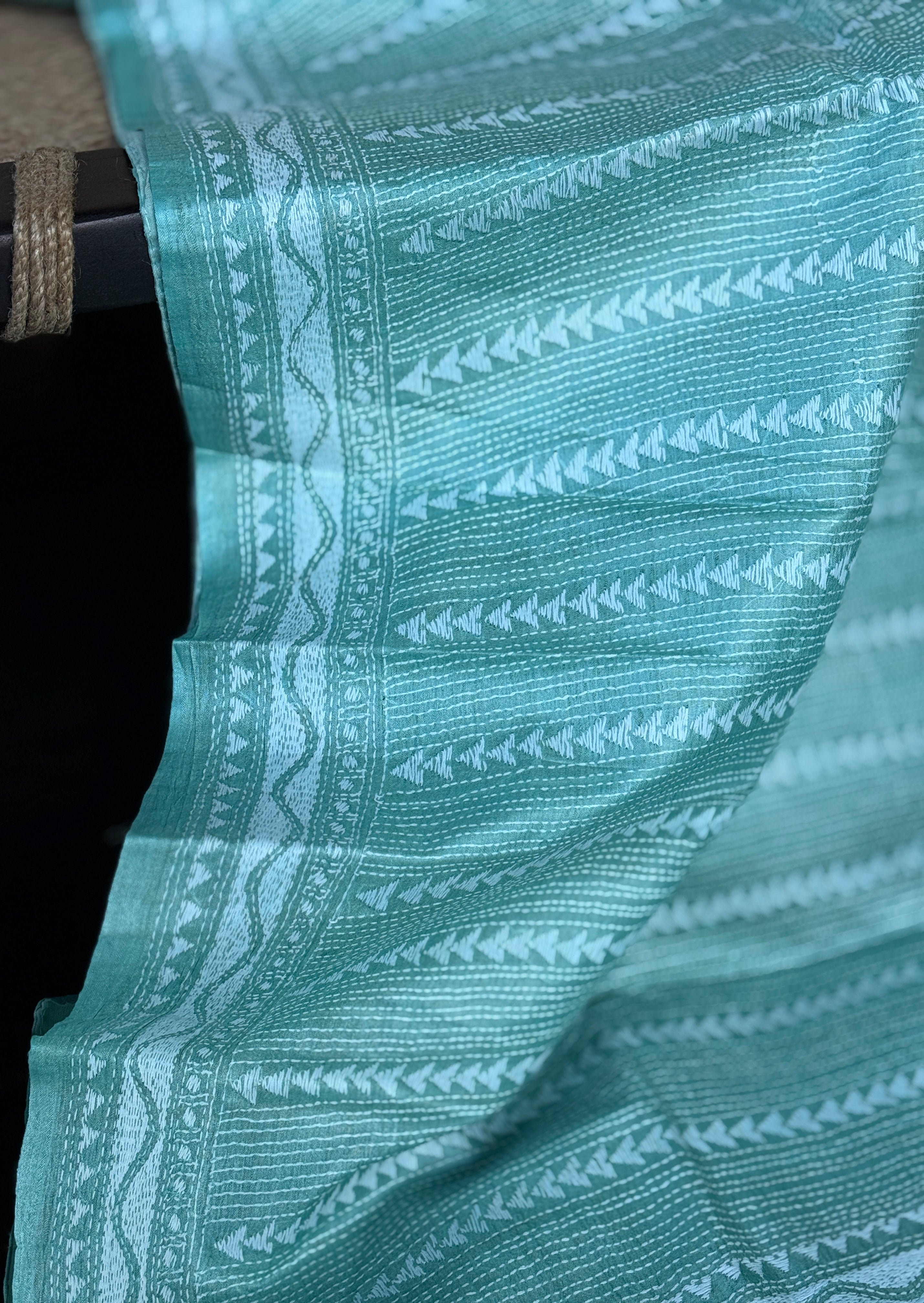 Pure Tussar Silk Kantha Stitch -  Mint