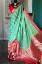 Pure Tassur Silk Banarasi - Sea Green Red