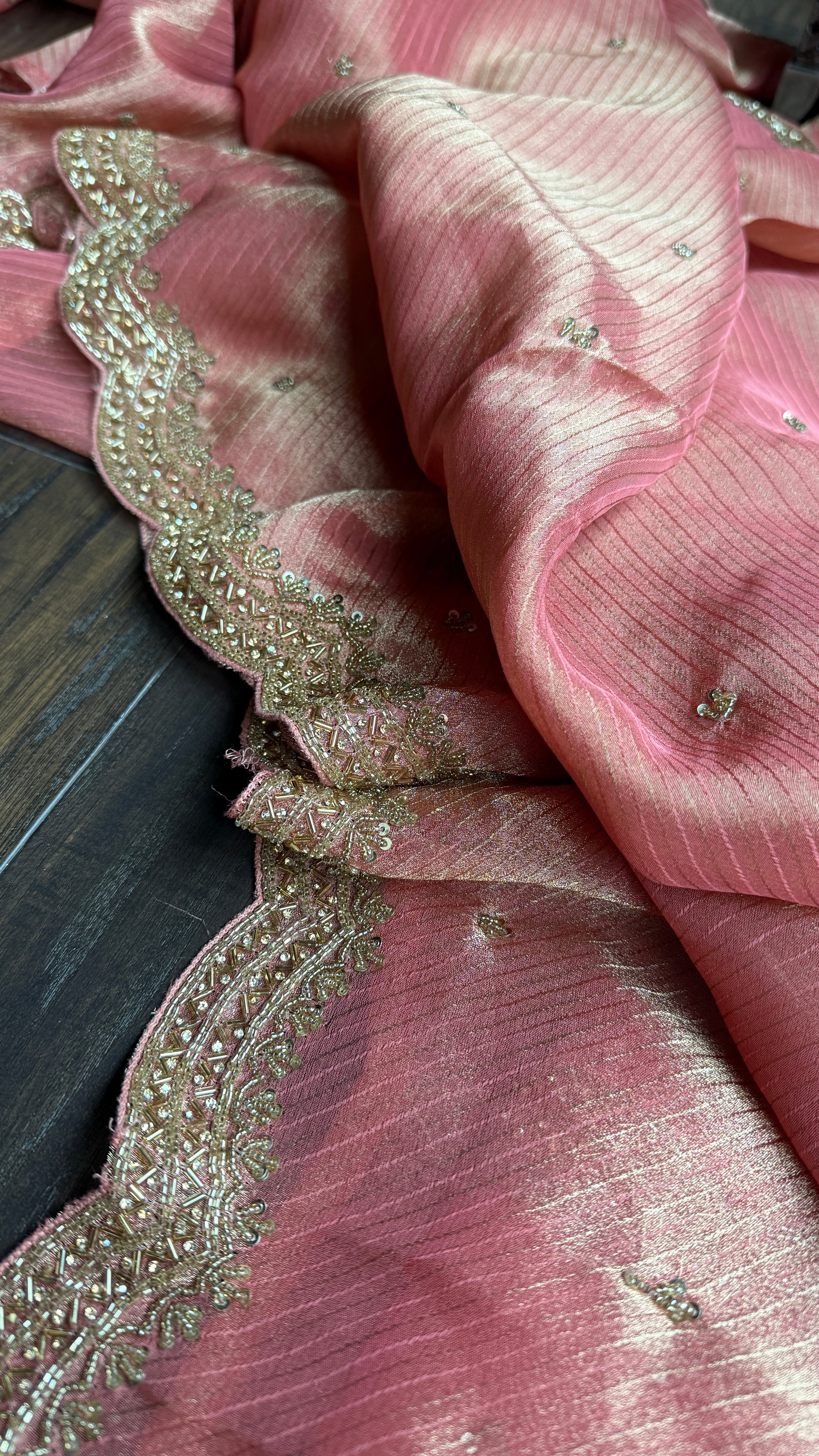 Designer Georgette Organza - Peach Pink Dual Shaded Scalloped Border