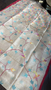 Pure Tussar Silk Tantuj Needle Jamdaani- Beige Red Jangla Weave