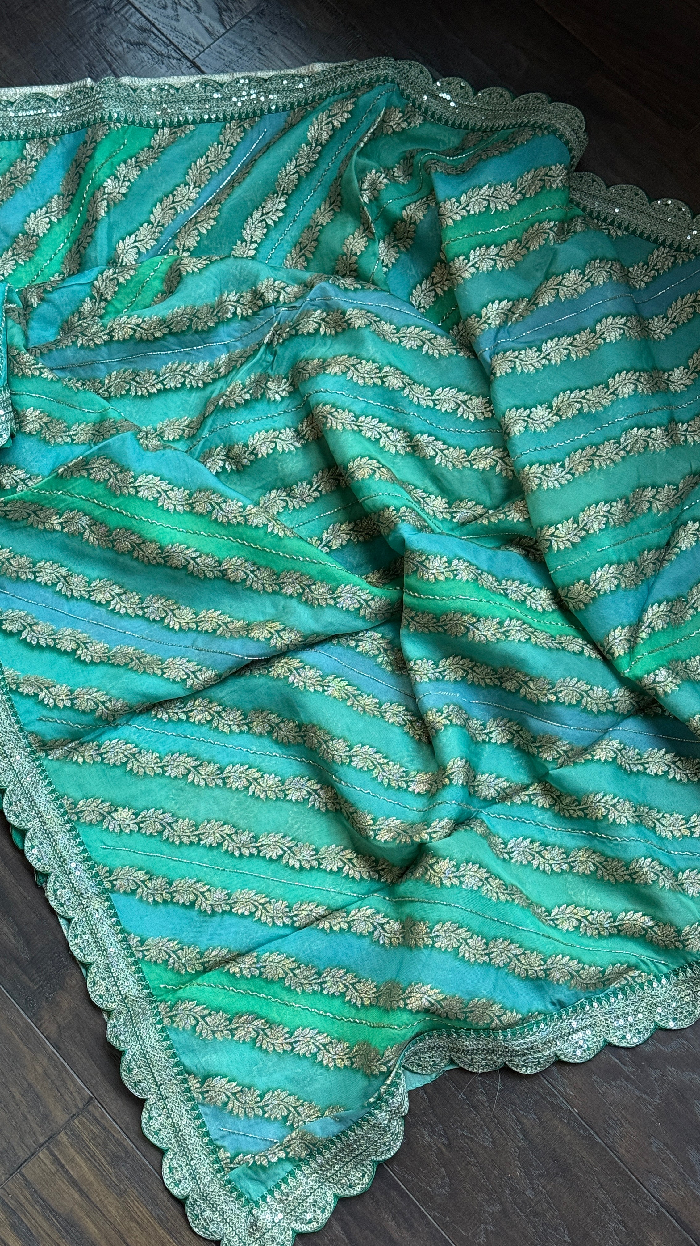 Designer Organza Georgette Leheriya - Sea green