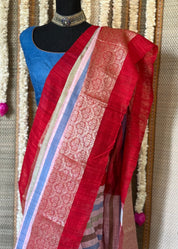 Pure Matka Tussar Silk - Light Pink Red Striped