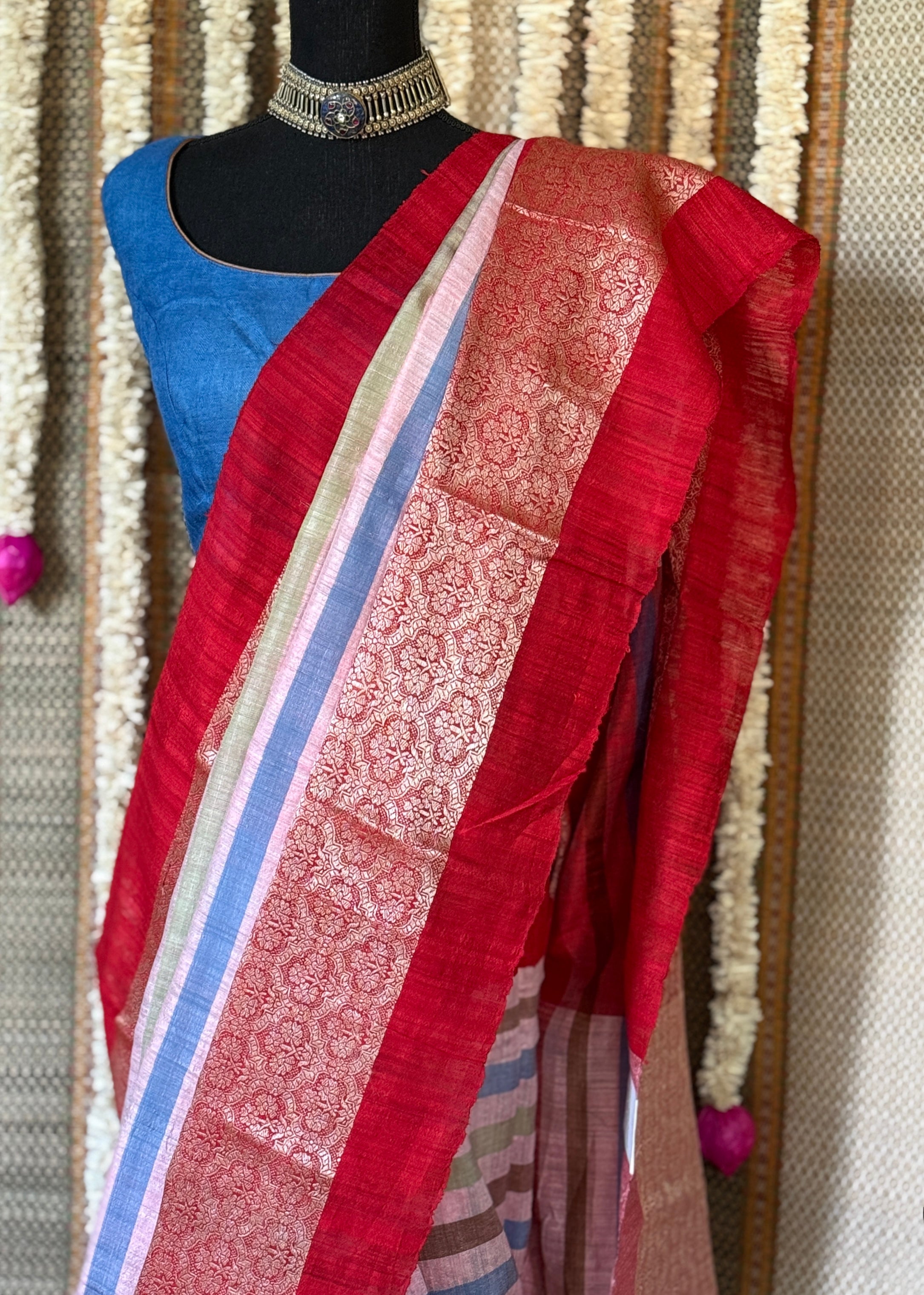 Pure Matka Tussar Silk - Light Pink Red Striped
