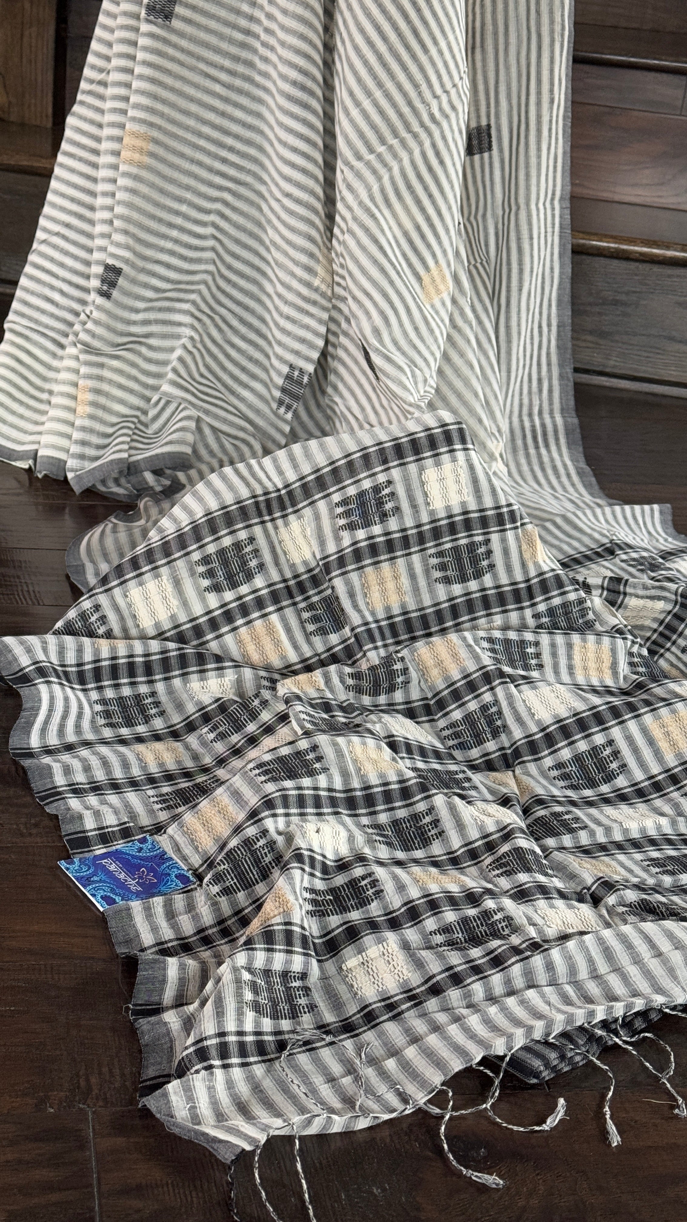 Pure Khadi Cotton Jamdaani - White Black Striped