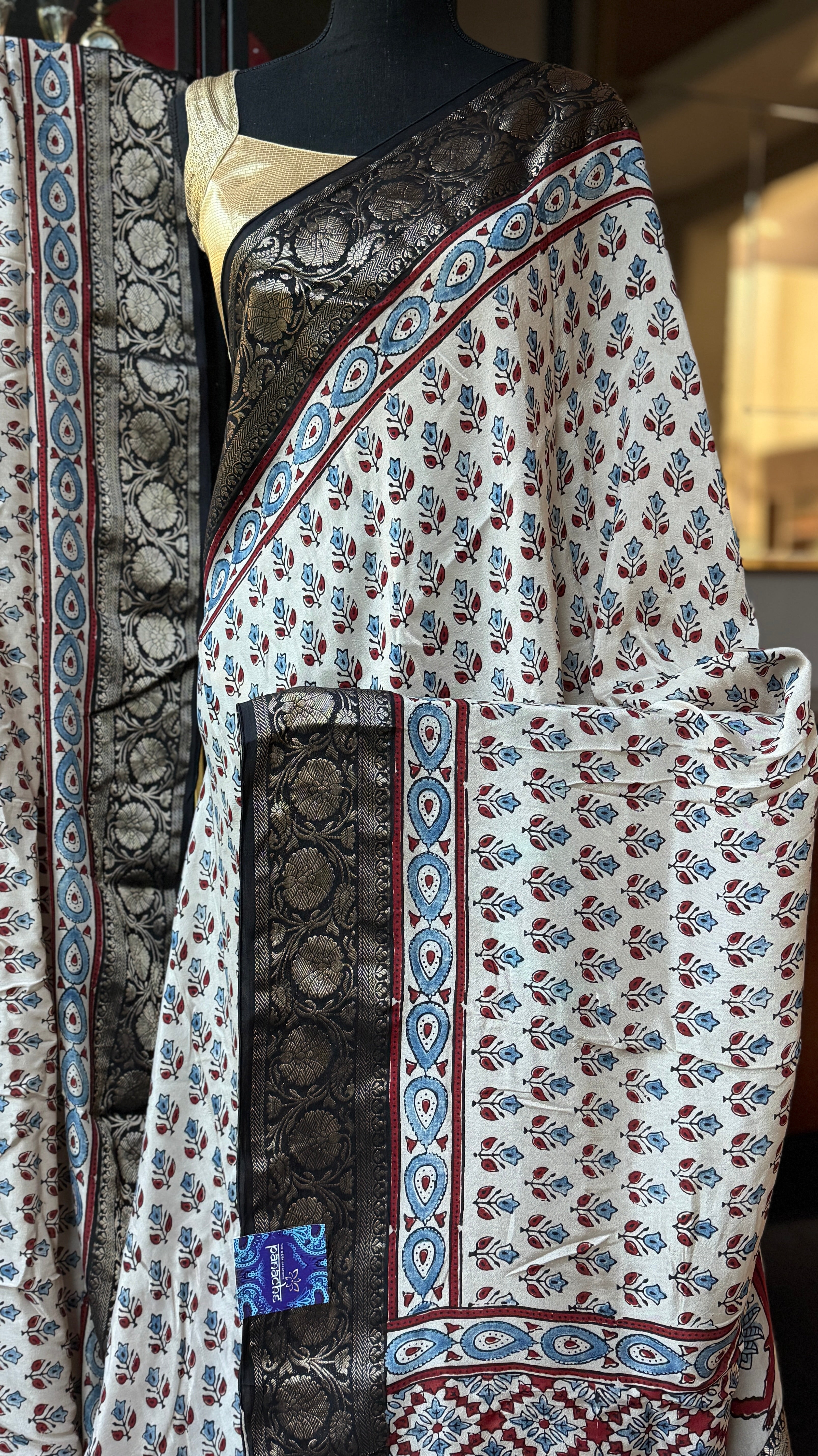 Dola Silk Ajrakh - Cream Black